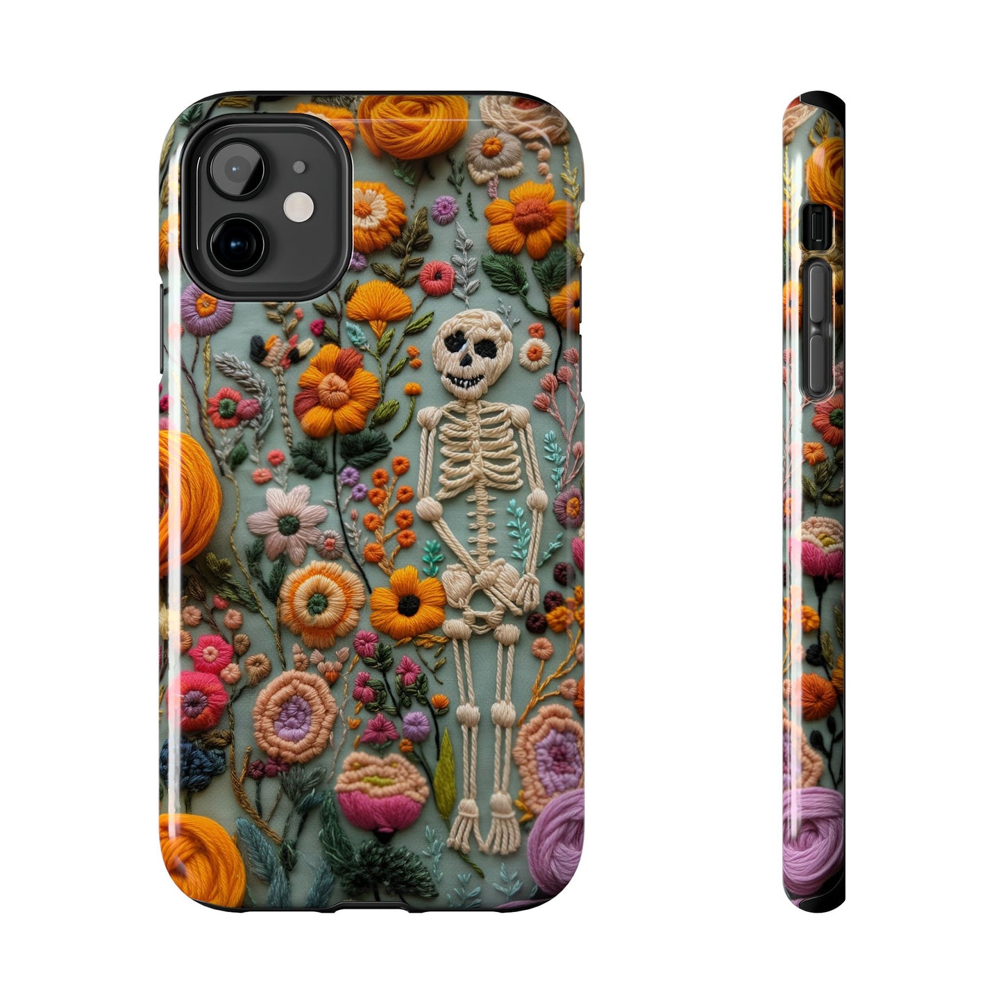 Vintage Skeletons in Bloom Phone Case | Embroidered Look Floral Charm Phone Cover | Halloween Cottagecore | iPhone | Pixel | Samsung