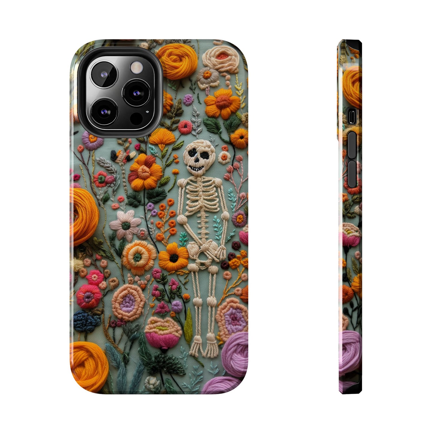 Vintage Skeletons in Bloom Phone Case | Embroidered Look Floral Charm Phone Cover | Halloween Cottagecore | iPhone | Pixel | Samsung