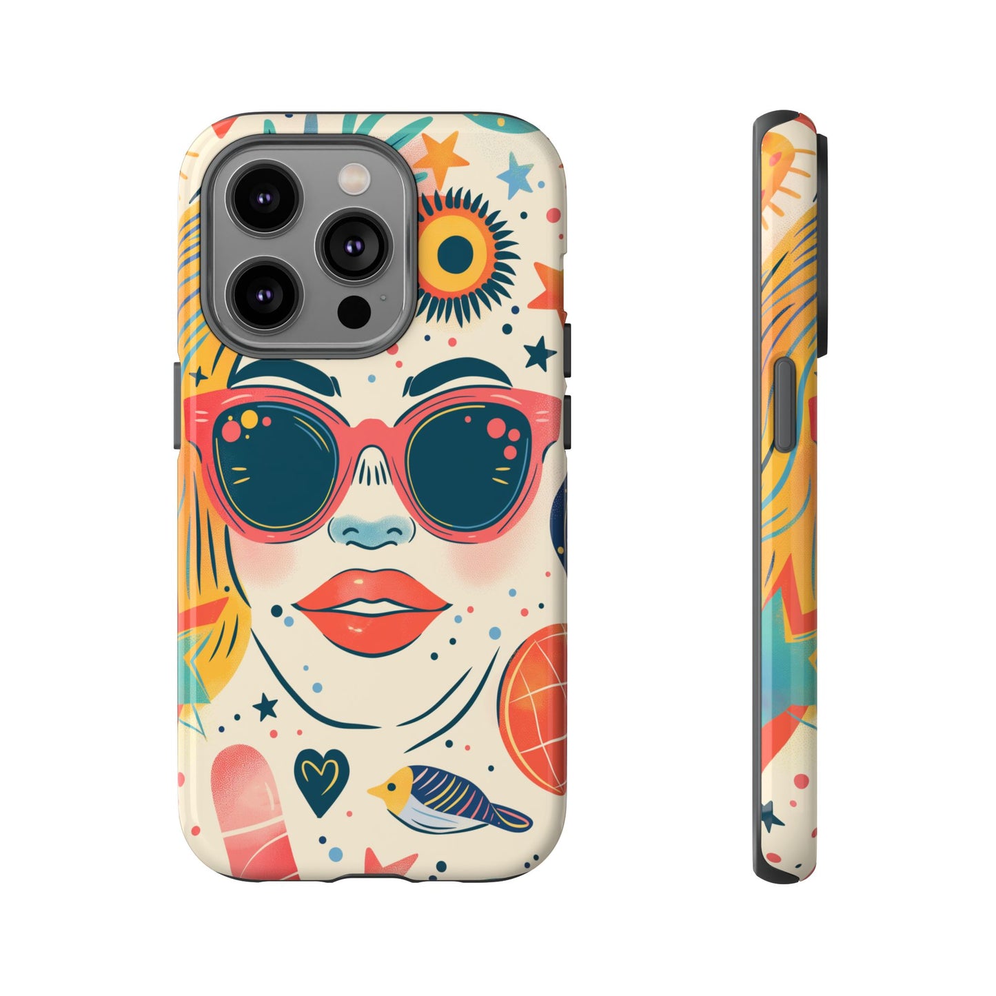 Retro Pop Boho Art Phone Case – Vibrant Sunglasses Collage Design for iPhone, Samsung, Google Pixel Tough Case