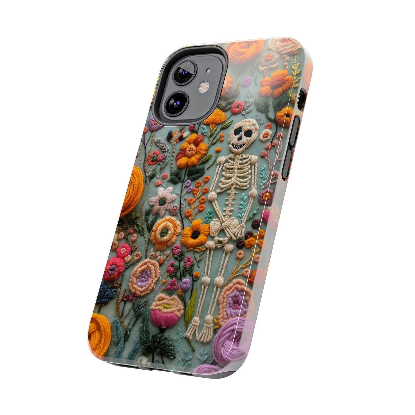 Vintage Skeletons in Bloom Phone Case | Embroidered Look Floral Charm Phone Cover | Halloween Cottagecore | iPhone | Pixel | Samsung