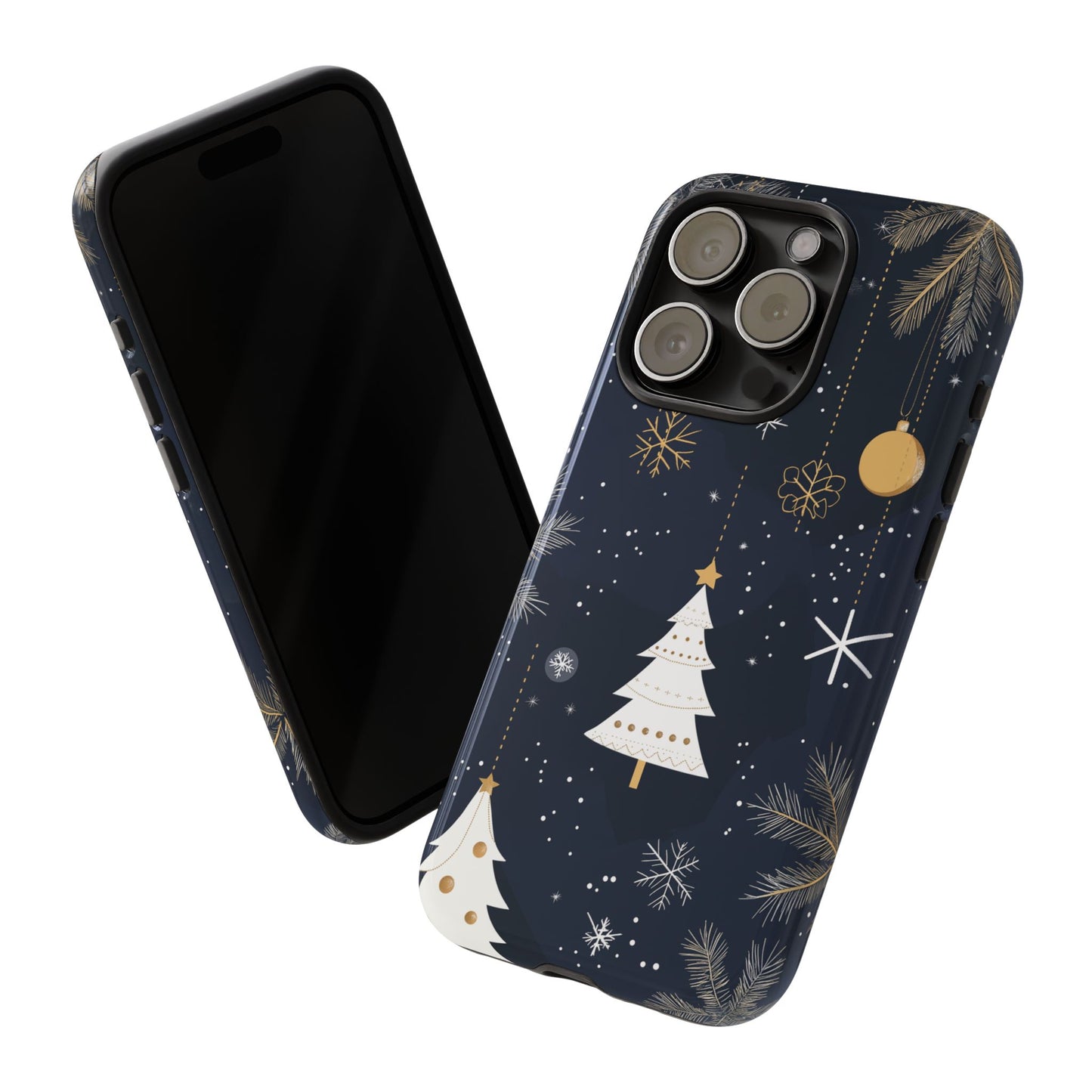 Modern Holiday Phone Case – Minimalist Christmas Trees and Gold Ornaments Design