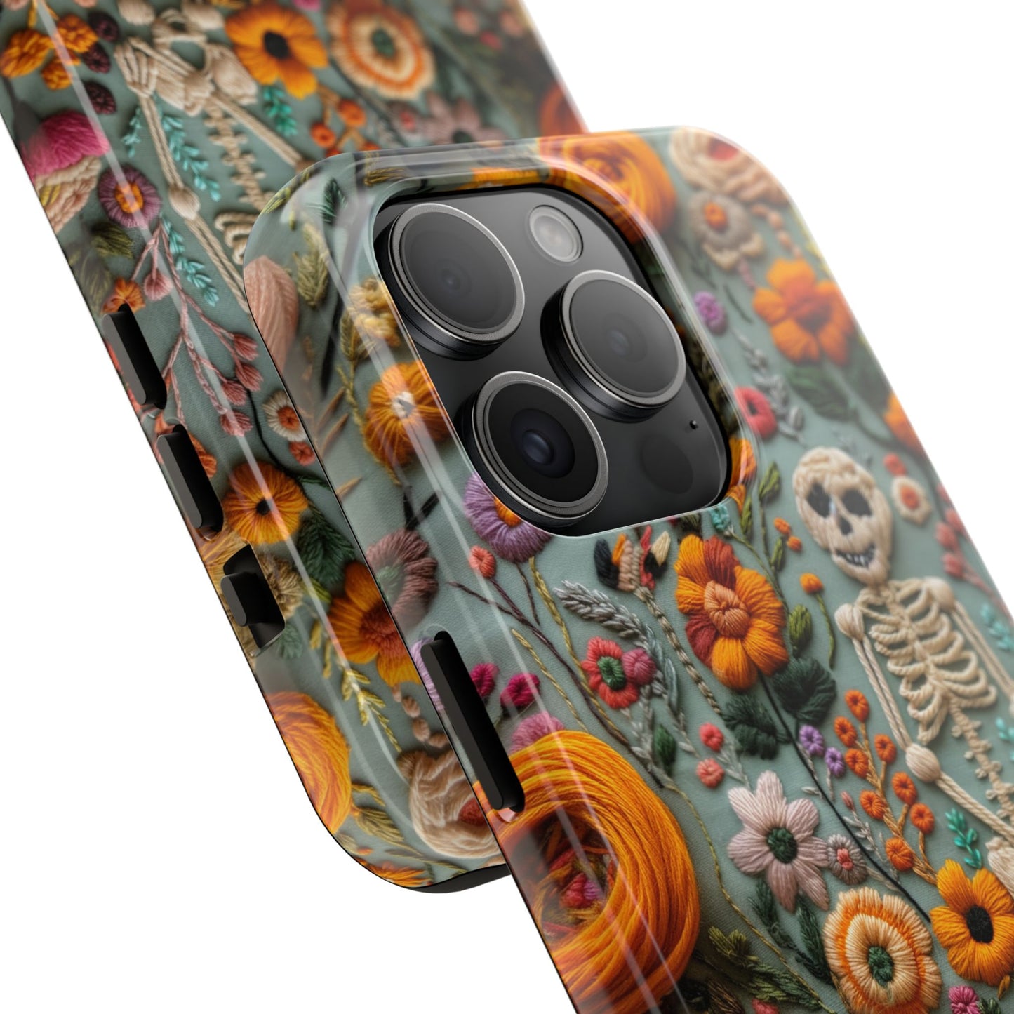 Vintage Skeletons in Bloom Phone Case | Embroidered Look Floral Charm Phone Cover | Halloween Cottagecore | iPhone | Pixel | Samsung