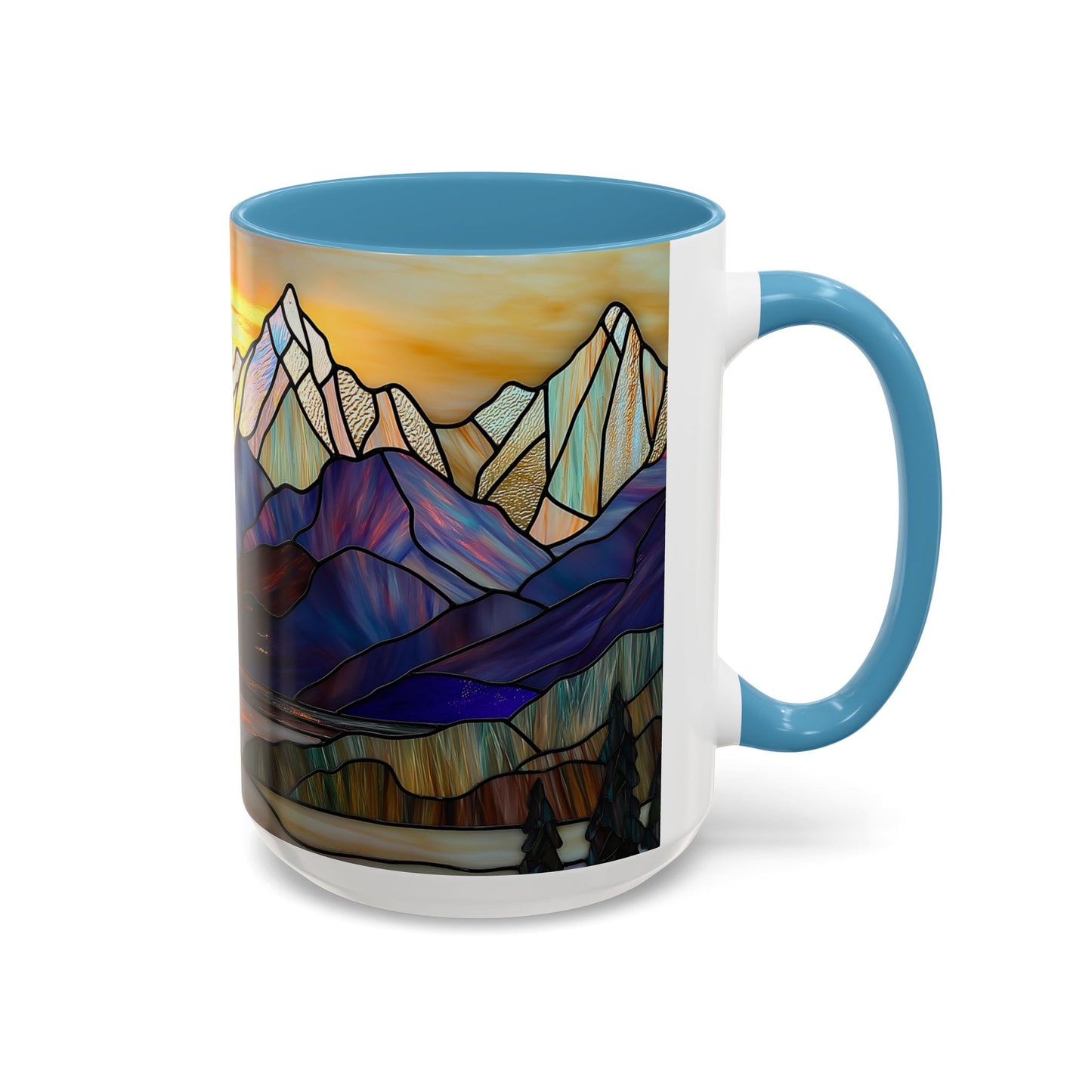 Stained Glass Mountain Coffee Mug - Vibrant Watercolor Mountain Sunset, 11oz & 15oz Ceramic Mug, Perfect gifts ideas, Outdoor Adventure