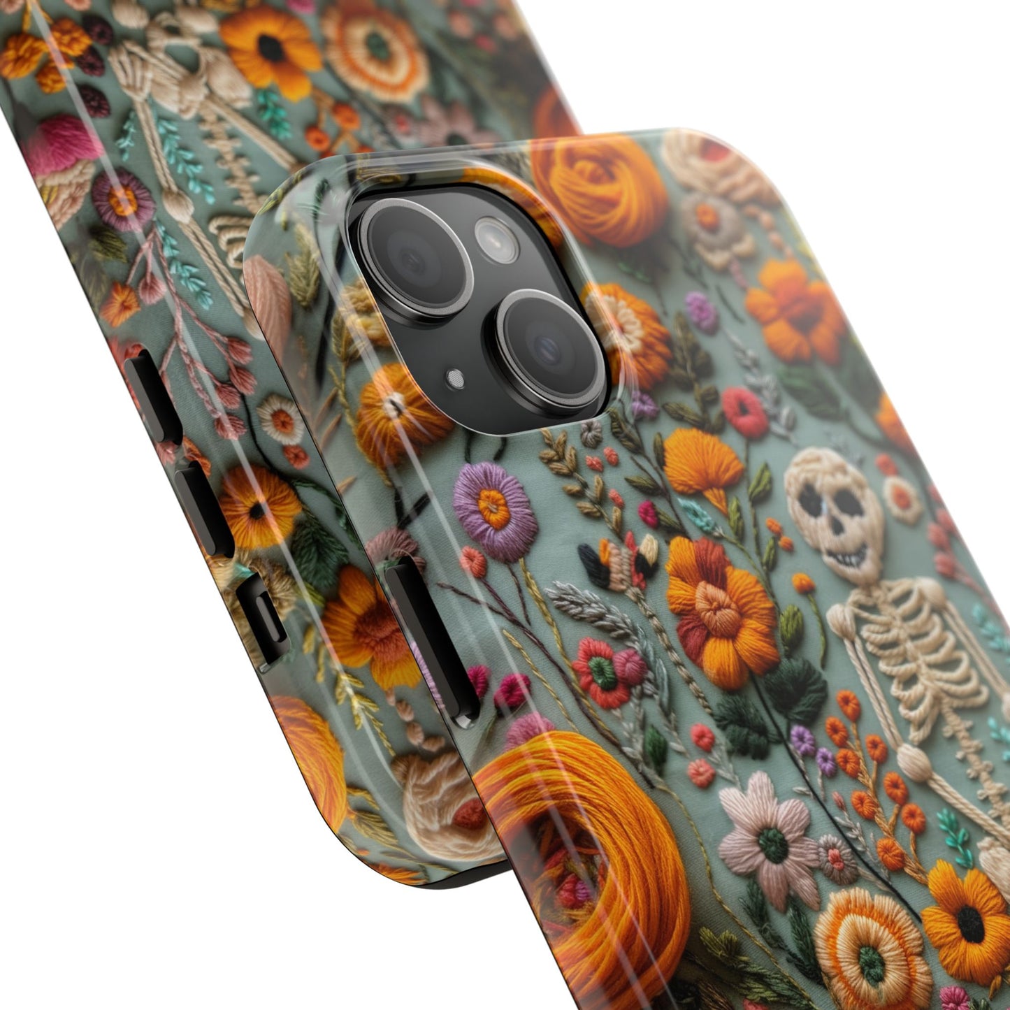Vintage Skeletons in Bloom Phone Case | Embroidered Look Floral Charm Phone Cover | Halloween Cottagecore | iPhone | Pixel | Samsung