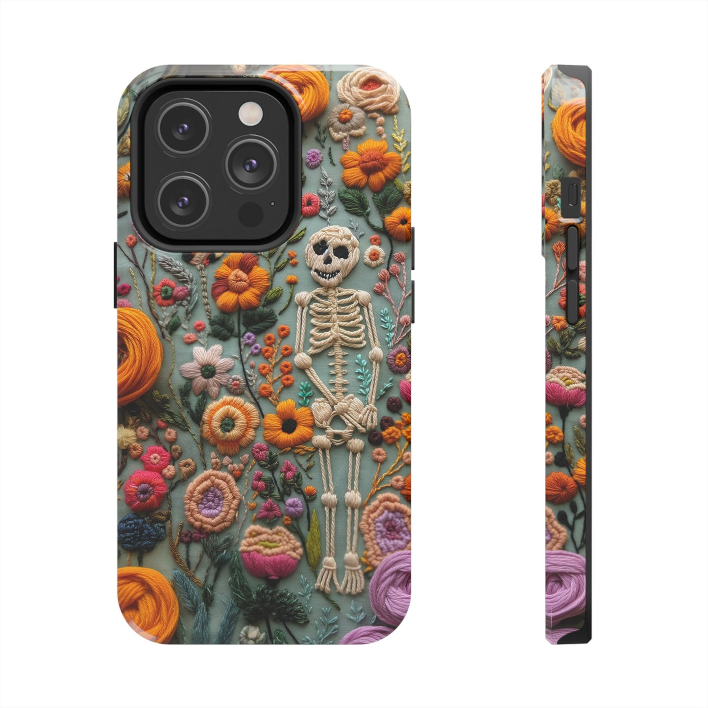 Vintage Skeletons in Bloom Phone Case | Embroidered Look Floral Charm Phone Cover | Halloween Cottagecore | iPhone | Pixel | Samsung