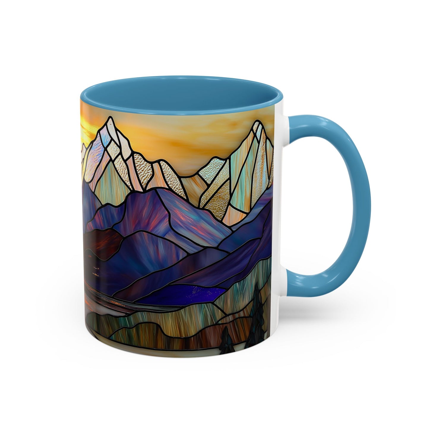 Stained Glass Mountain Coffee Mug - Vibrant Watercolor Mountain Sunset, 11oz & 15oz Ceramic Mug, Perfect gifts ideas, Outdoor Adventure