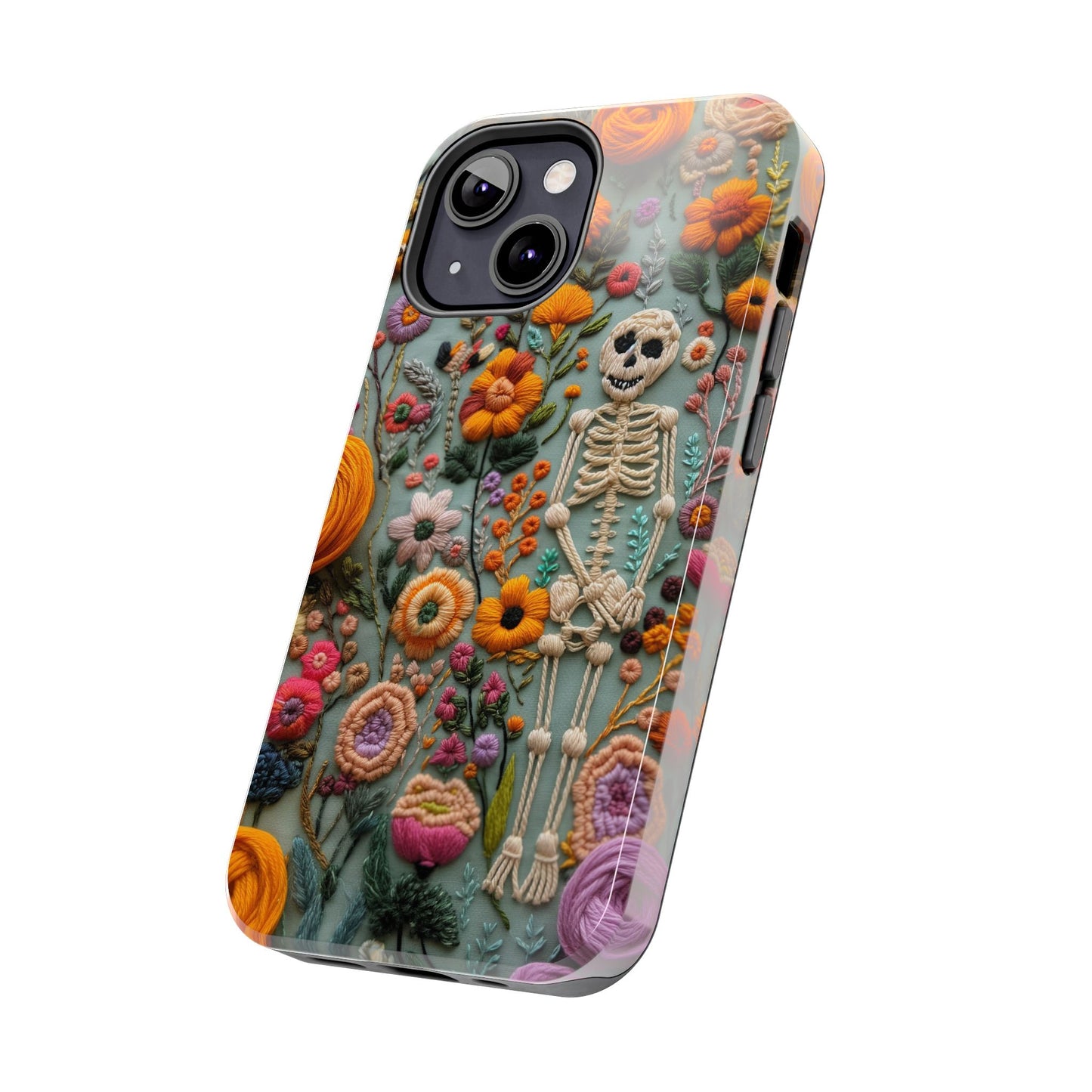Vintage Skeletons in Bloom Phone Case | Embroidered Look Floral Charm Phone Cover | Halloween Cottagecore | iPhone | Pixel | Samsung