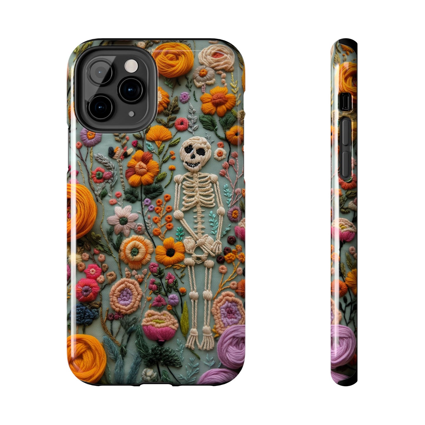 Vintage Skeletons in Bloom Phone Case | Embroidered Look Floral Charm Phone Cover | Halloween Cottagecore | iPhone | Pixel | Samsung
