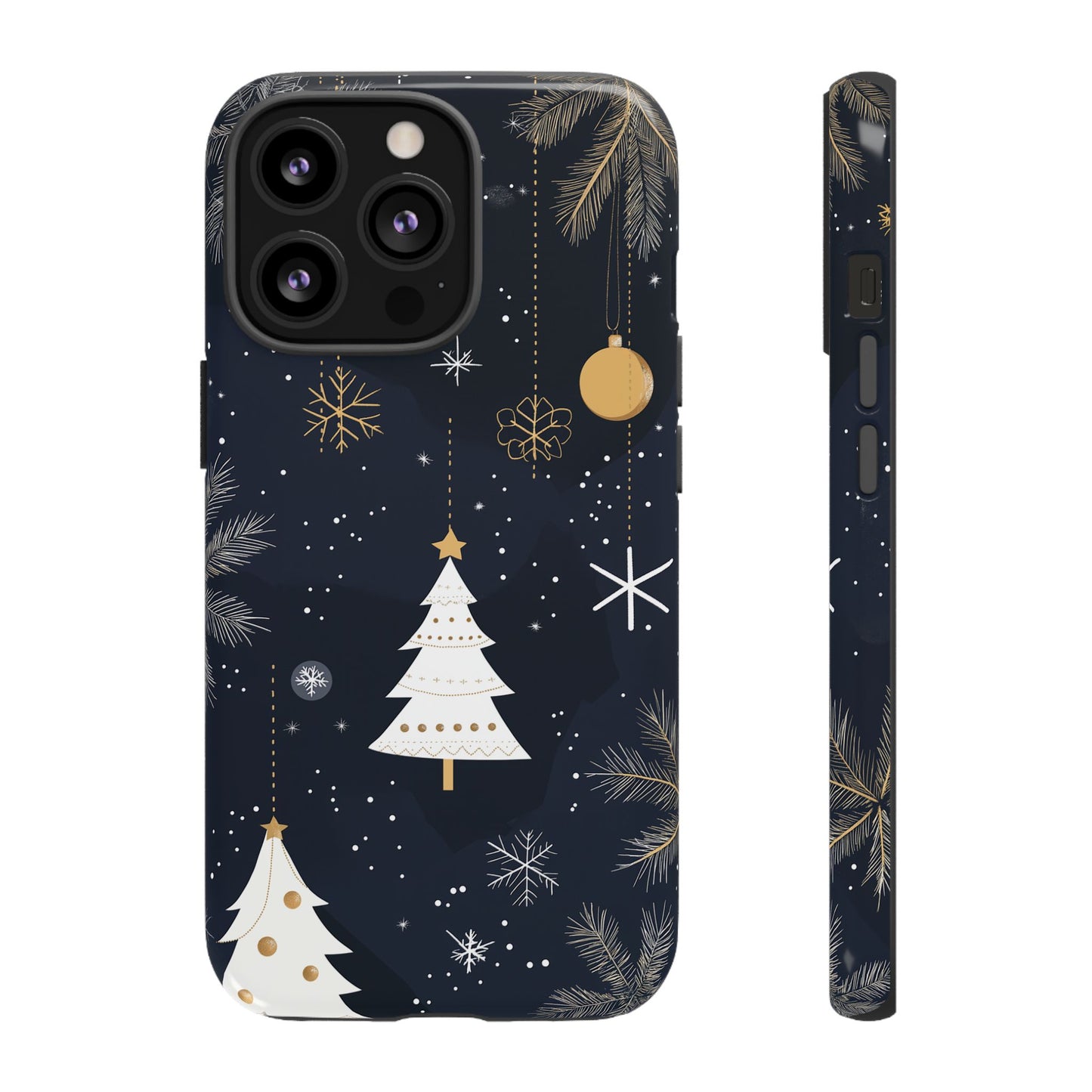 Modern Holiday Phone Case – Minimalist Christmas Trees and Gold Ornaments Design