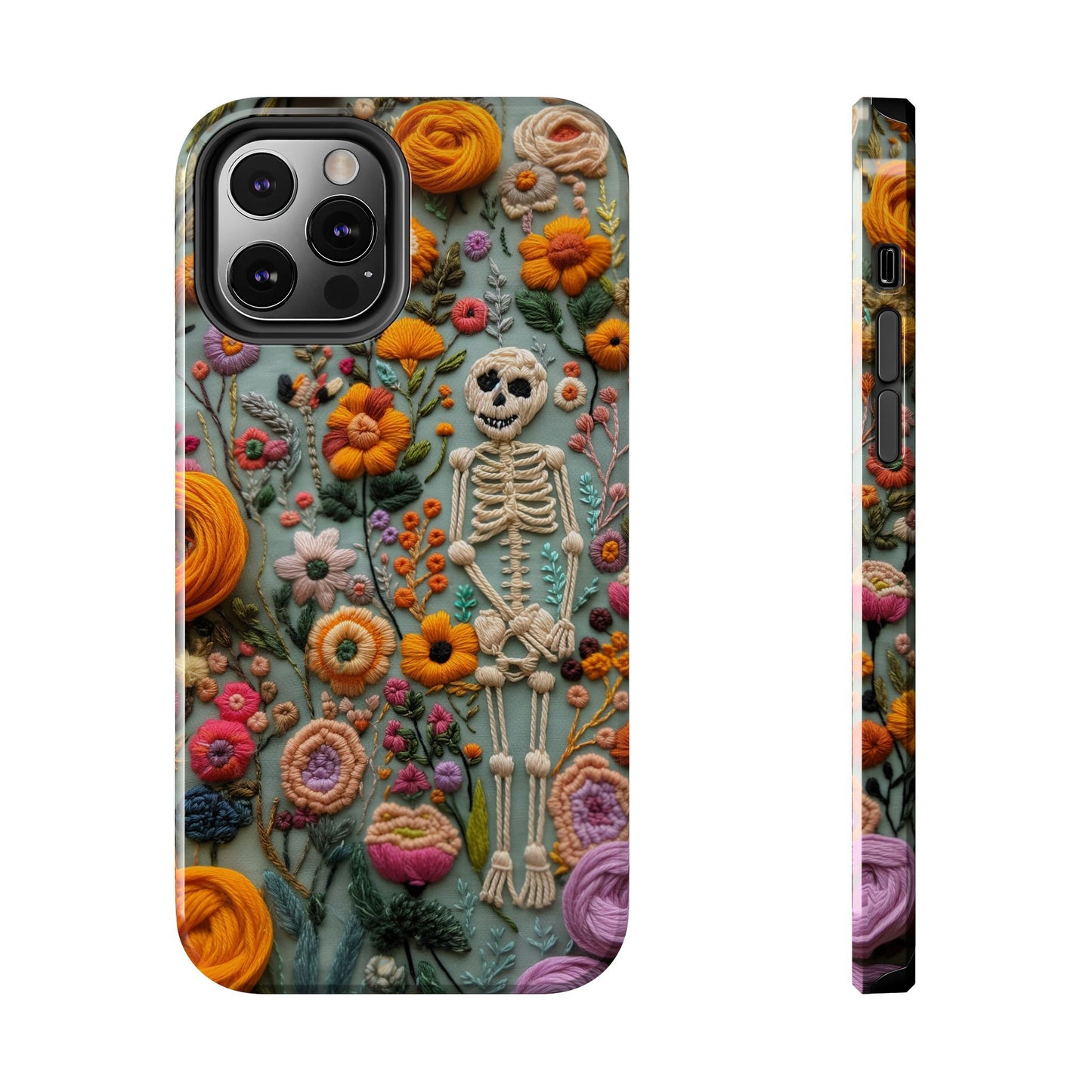 Vintage Skeletons in Bloom Phone Case | Embroidered Look Floral Charm Phone Cover | Halloween Cottagecore | iPhone | Pixel | Samsung