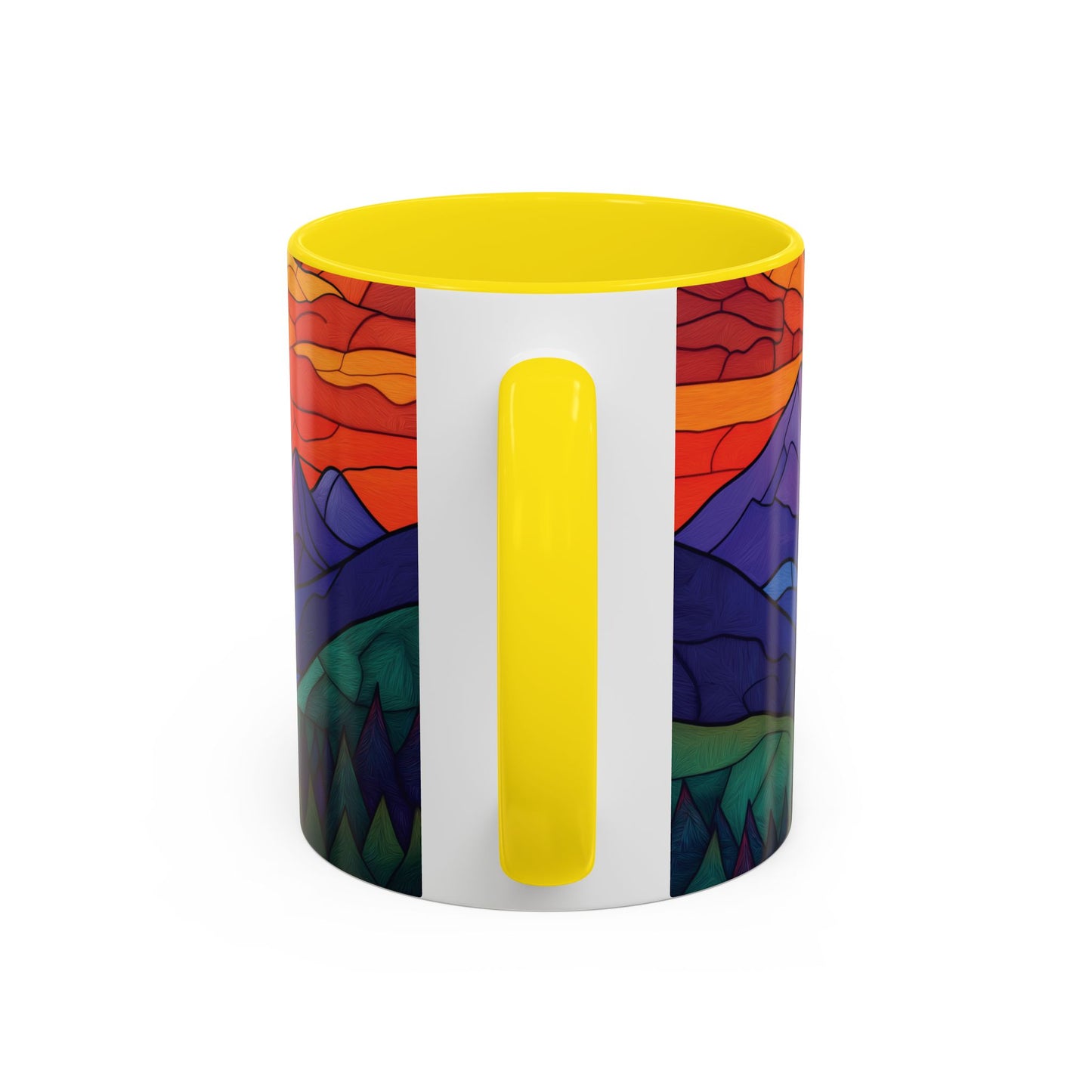 Stained Glass Mountain Range Coffee Mug - Vibrant Watercolor Mountain Sunset, 11oz & 15oz Ceramic Mug, Perfect gifts ideas,