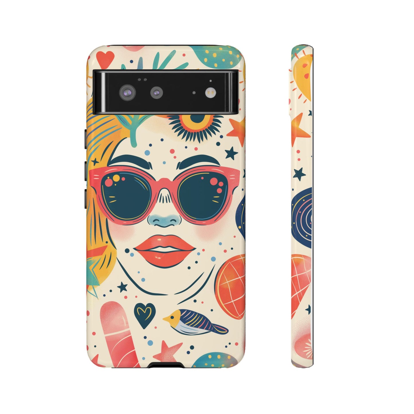 Retro Pop Boho Art Phone Case – Vibrant Sunglasses Collage Design for iPhone, Samsung, Google Pixel Tough Case
