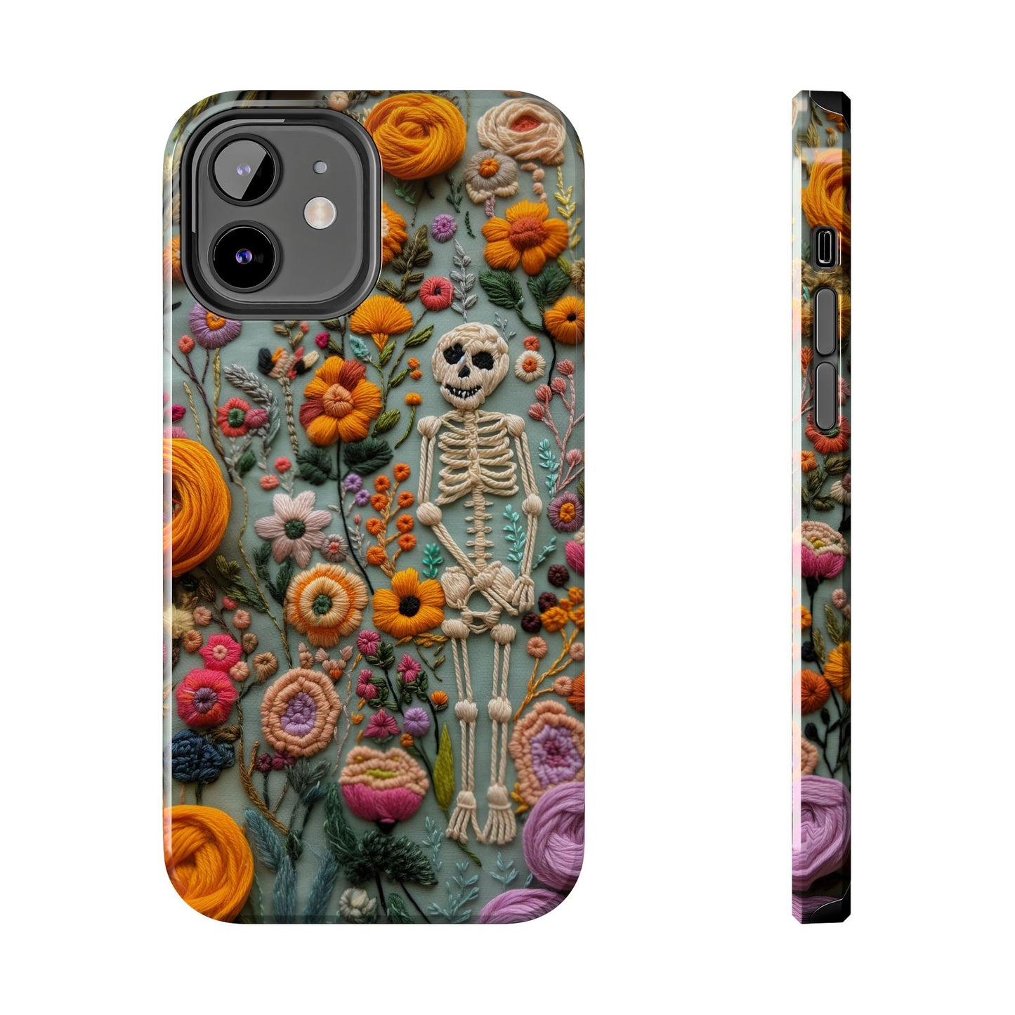 Vintage Skeletons in Bloom Phone Case | Embroidered Look Floral Charm Phone Cover | Halloween Cottagecore | iPhone | Pixel | Samsung