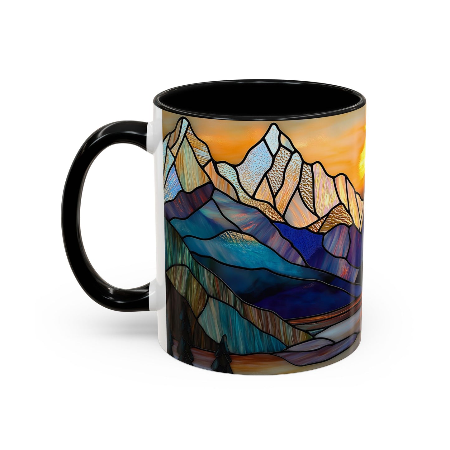 Stained Glass Mountain Coffee Mug - Vibrant Watercolor Mountain Sunset, 11oz & 15oz Ceramic Mug, Perfect gifts ideas, Outdoor Adventure