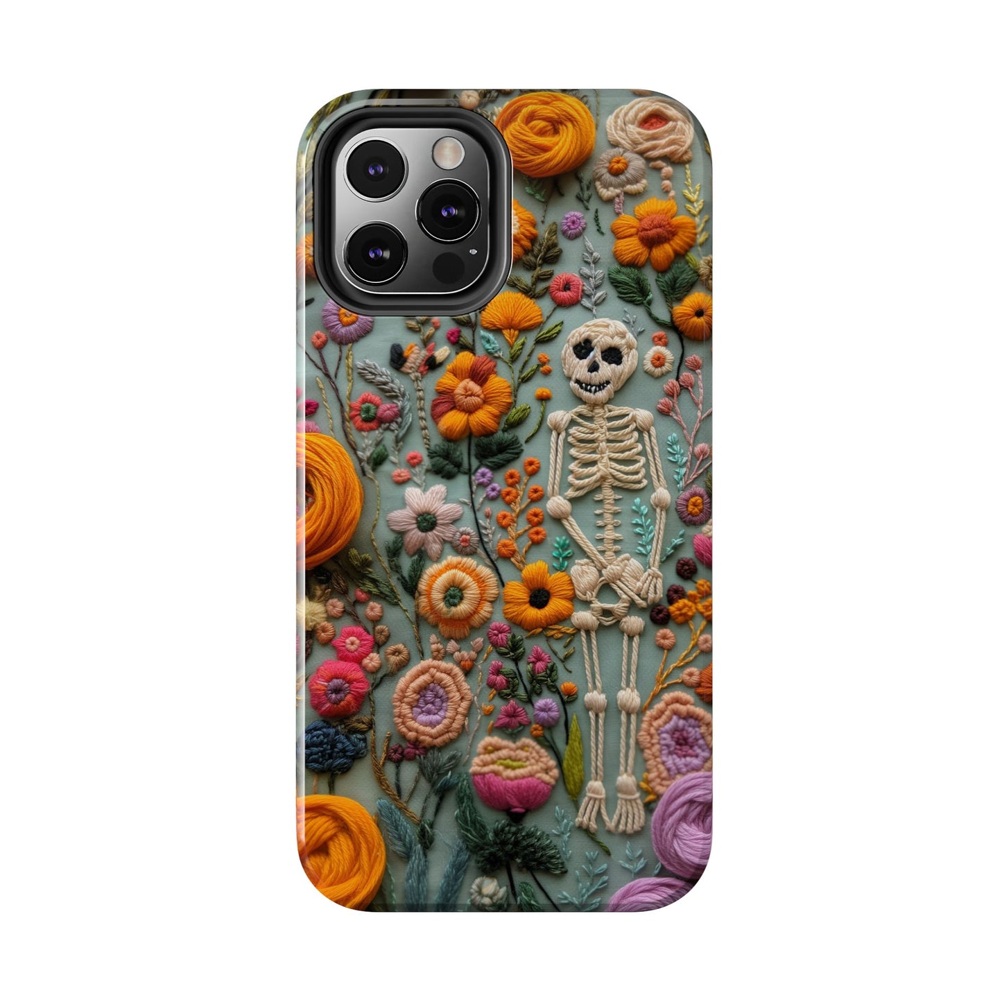 Vintage Skeletons in Bloom Phone Case | Embroidered Look Floral Charm Phone Cover | Halloween Cottagecore | iPhone | Pixel | Samsung