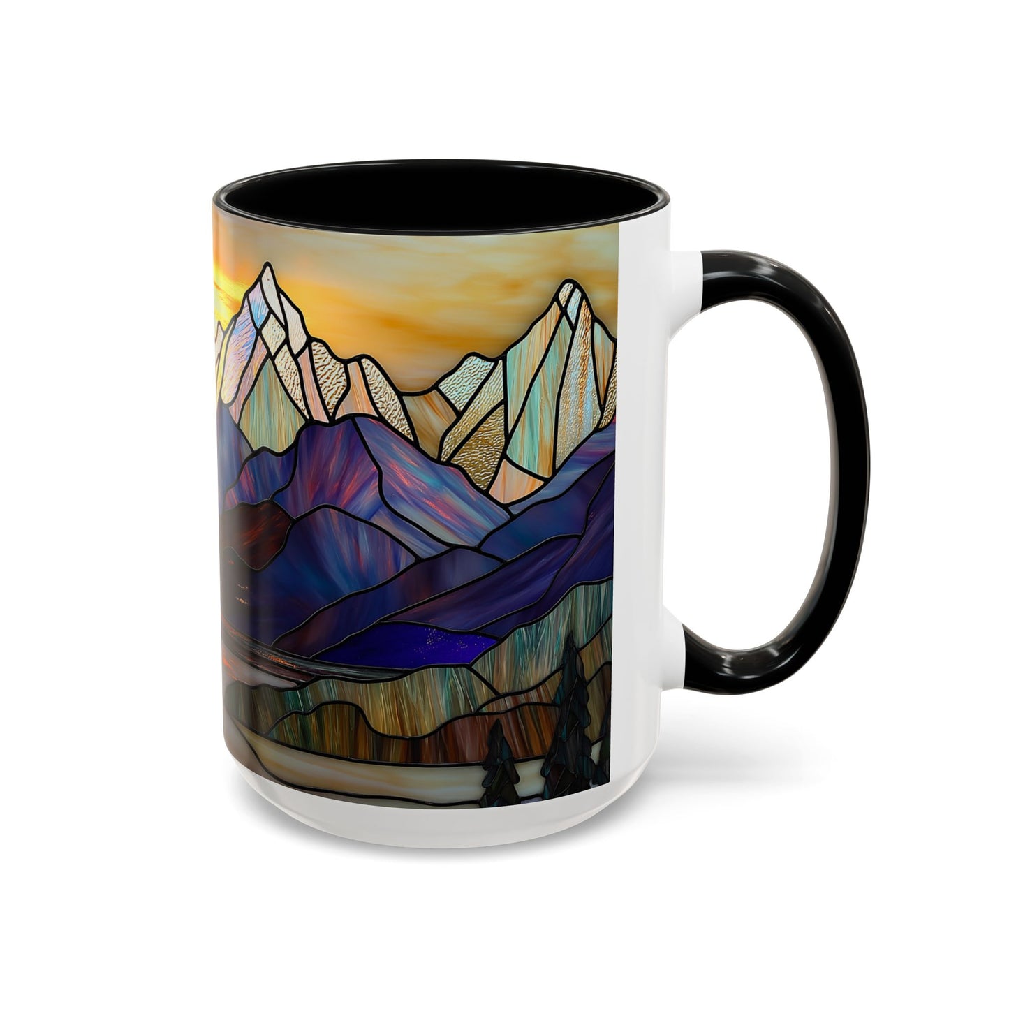 Stained Glass Mountain Coffee Mug - Vibrant Watercolor Mountain Sunset, 11oz & 15oz Ceramic Mug, Perfect gifts ideas, Outdoor Adventure