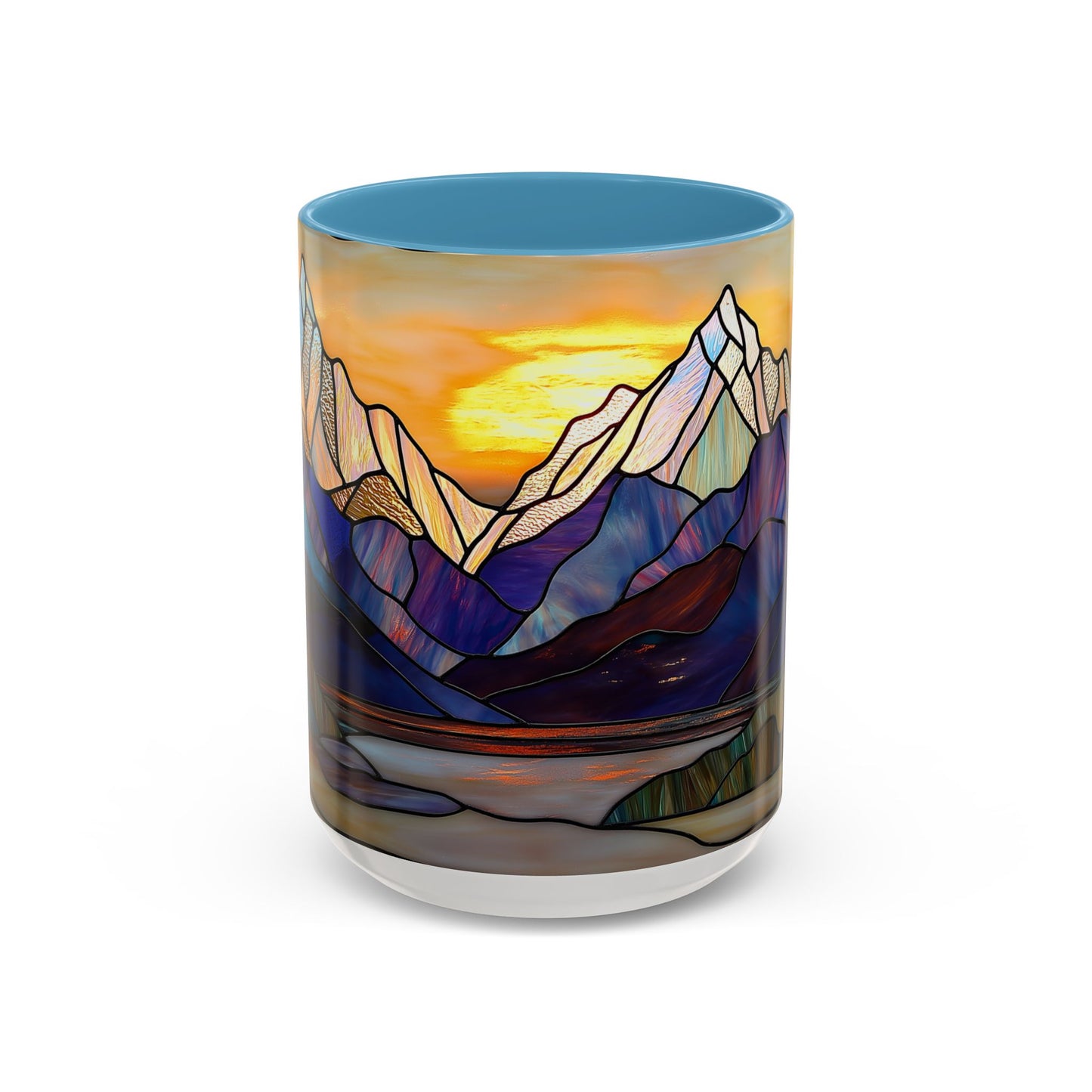 Stained Glass Mountain Coffee Mug - Vibrant Watercolor Mountain Sunset, 11oz & 15oz Ceramic Mug, Perfect gifts ideas, Outdoor Adventure
