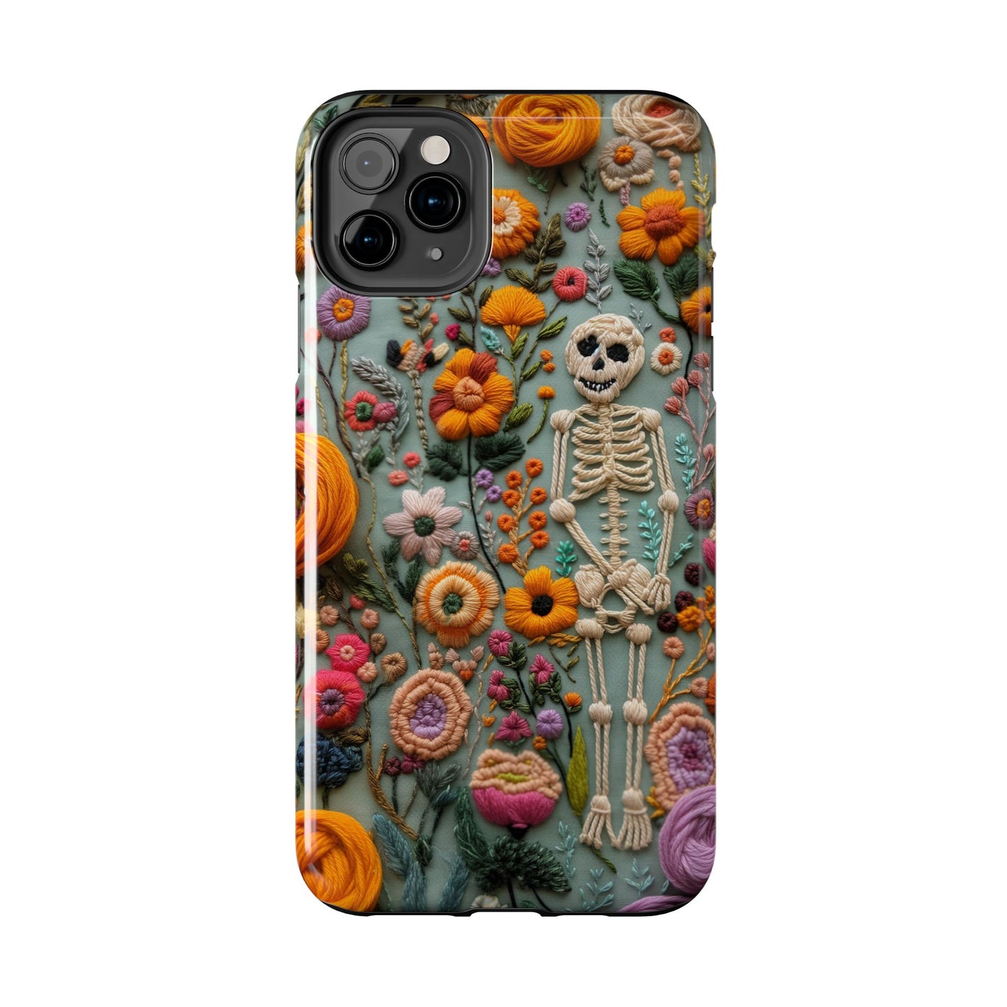 Vintage Skeletons in Bloom Phone Case | Embroidered Look Floral Charm Phone Cover | Halloween Cottagecore | iPhone | Pixel | Samsung