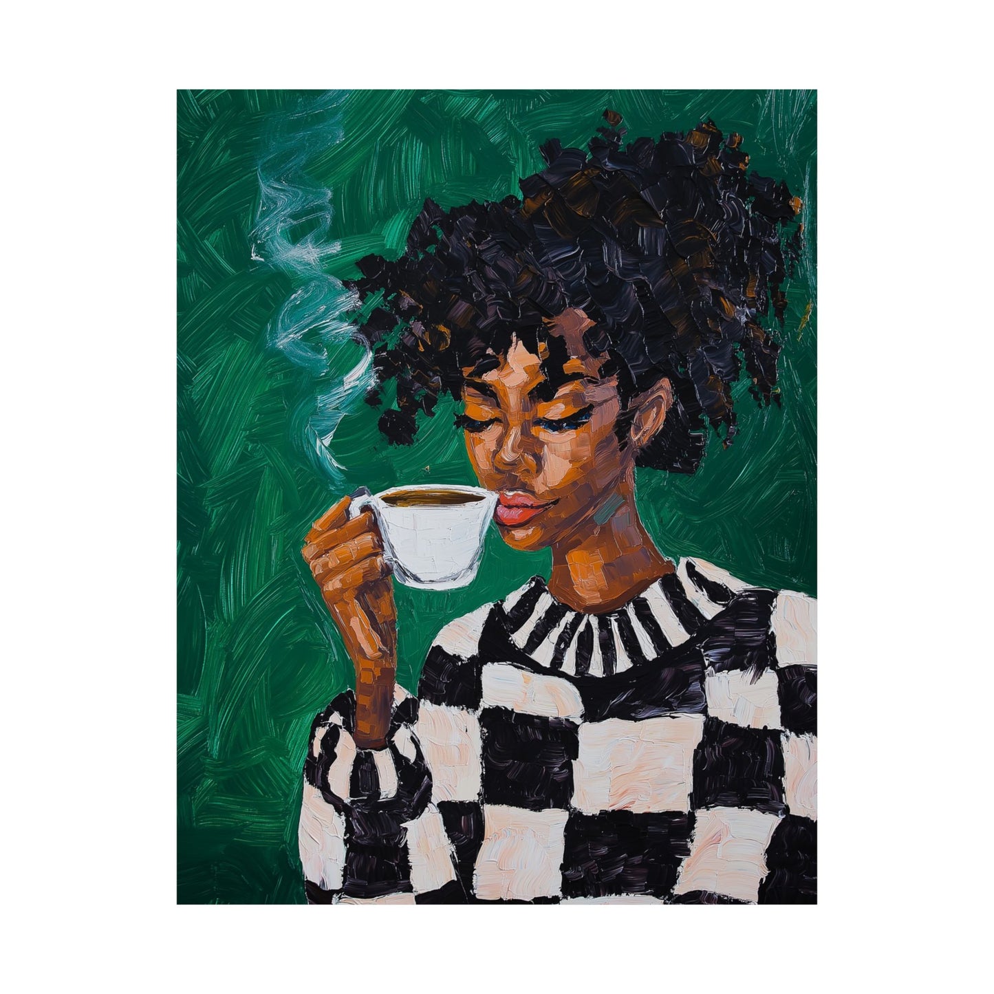 Black Woman Coffee Wall Art Print – Bold Afrocentric Painting for Kitchen or Living Room Décor