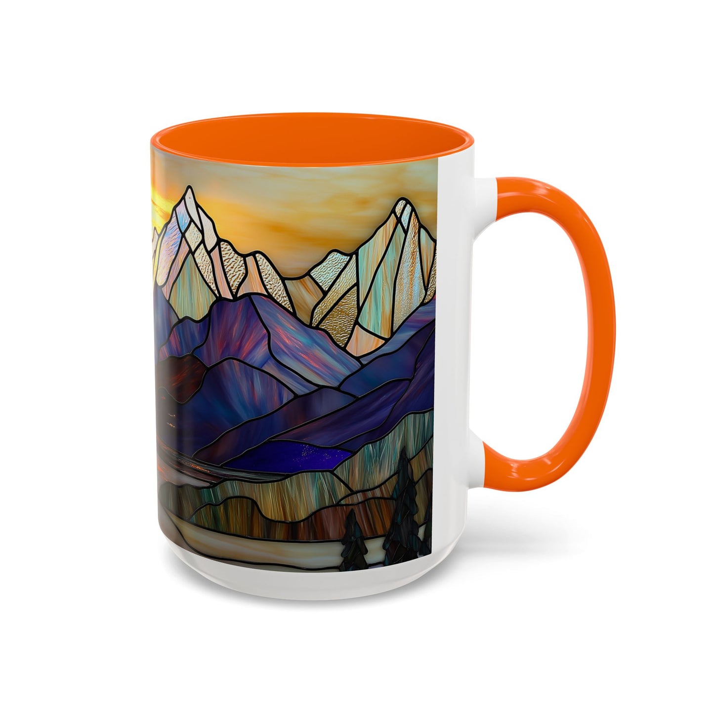 Stained Glass Mountain Coffee Mug - Vibrant Watercolor Mountain Sunset, 11oz & 15oz Ceramic Mug, Perfect gifts ideas, Outdoor Adventure