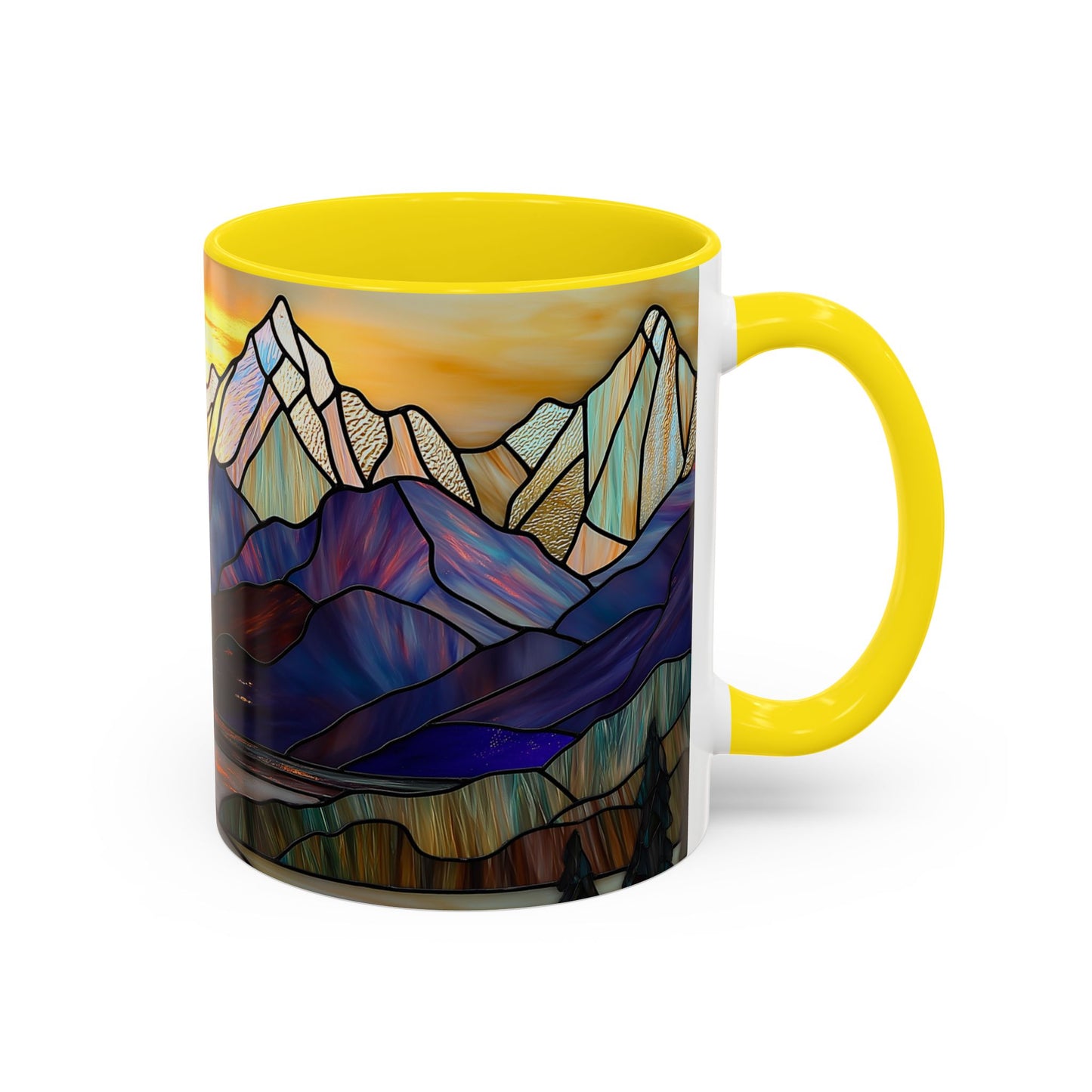 Stained Glass Mountain Coffee Mug - Vibrant Watercolor Mountain Sunset, 11oz & 15oz Ceramic Mug, Perfect gifts ideas, Outdoor Adventure