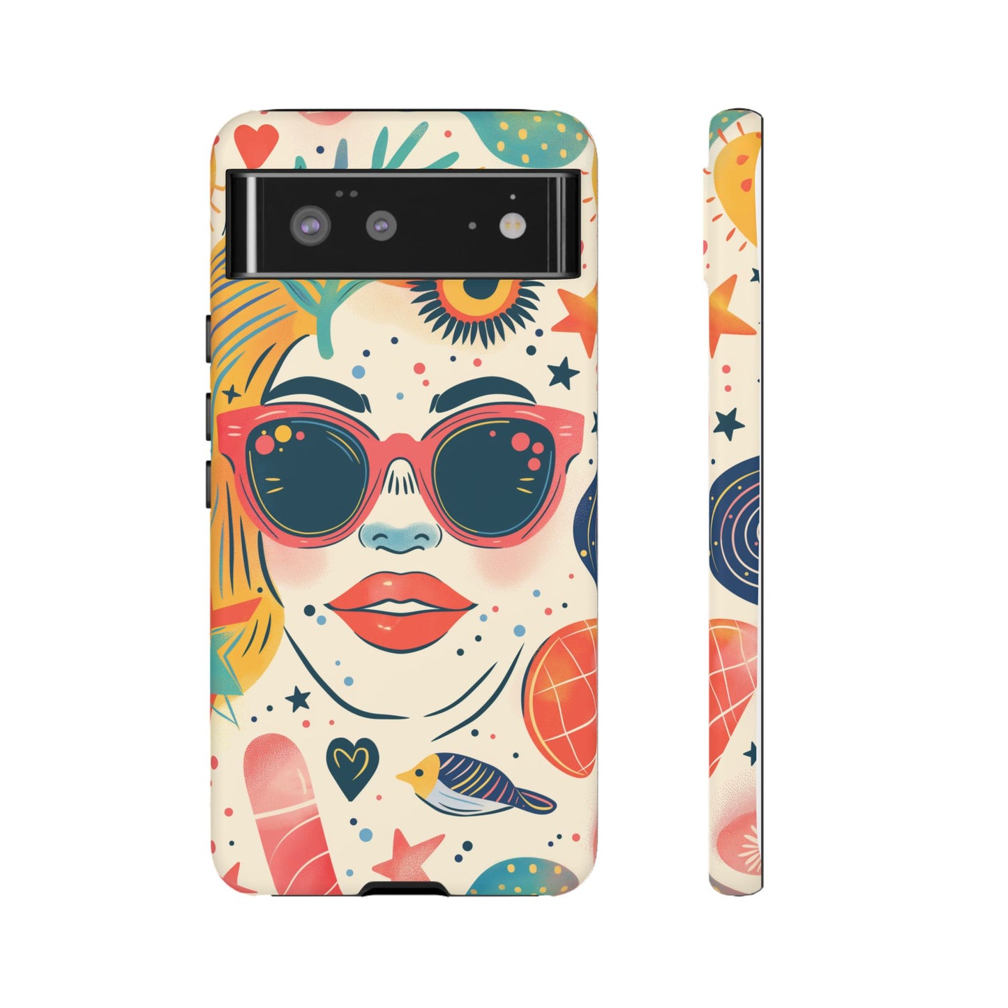 Retro Pop Boho Art Phone Case – Vibrant Sunglasses Collage Design for iPhone, Samsung, Google Pixel Tough Case