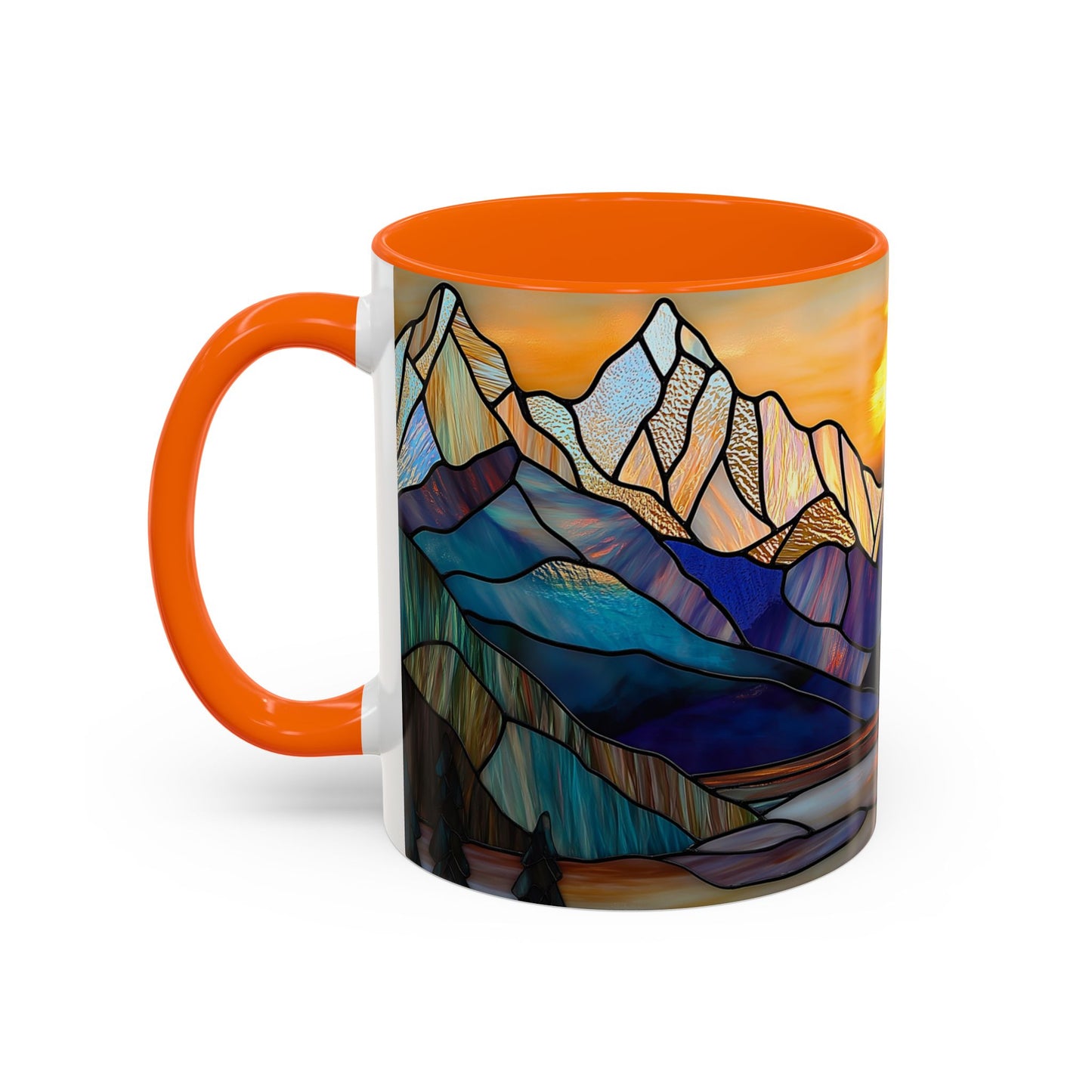 Stained Glass Mountain Coffee Mug - Vibrant Watercolor Mountain Sunset, 11oz & 15oz Ceramic Mug, Perfect gifts ideas, Outdoor Adventure
