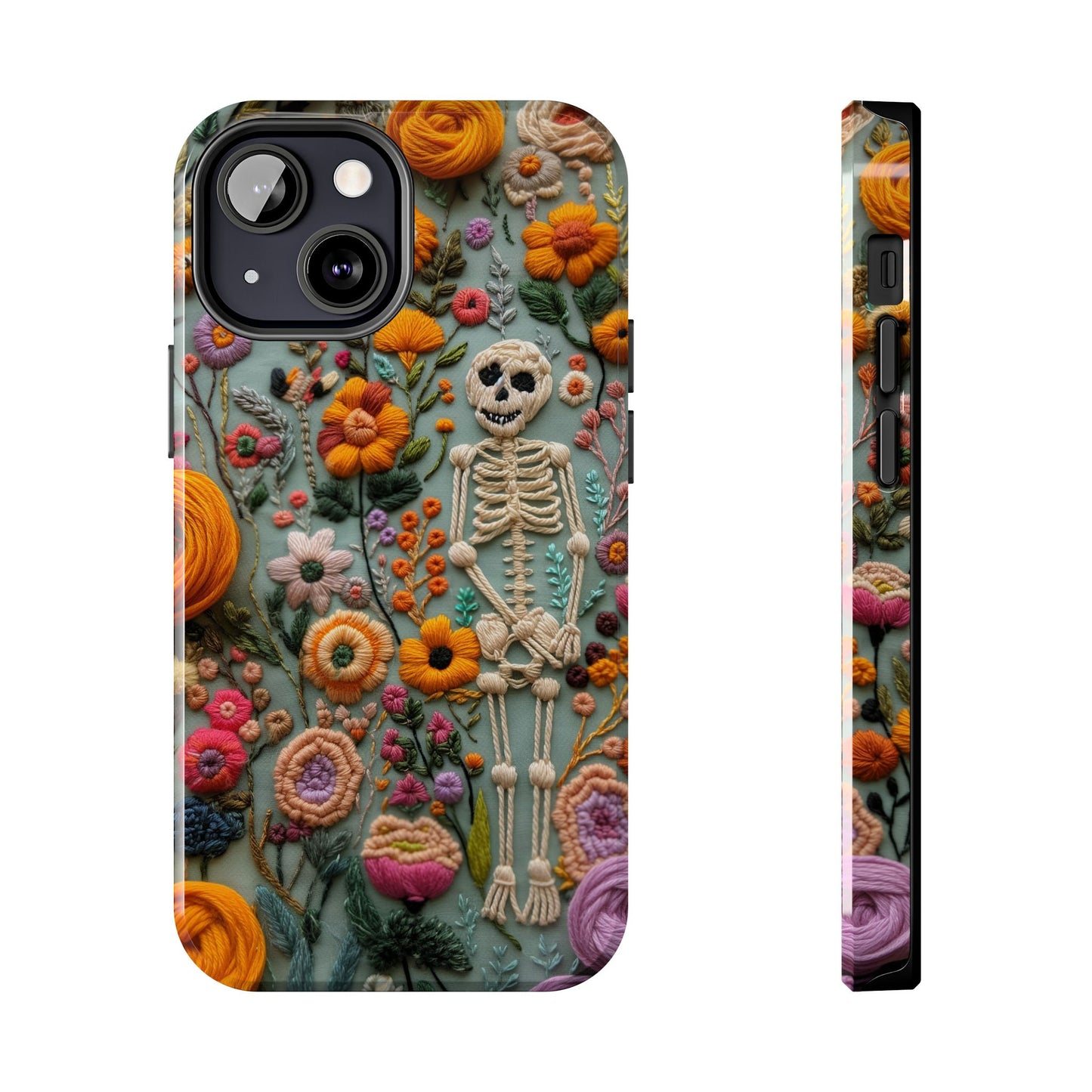 Vintage Skeletons in Bloom Phone Case | Embroidered Look Floral Charm Phone Cover | Halloween Cottagecore | iPhone | Pixel | Samsung