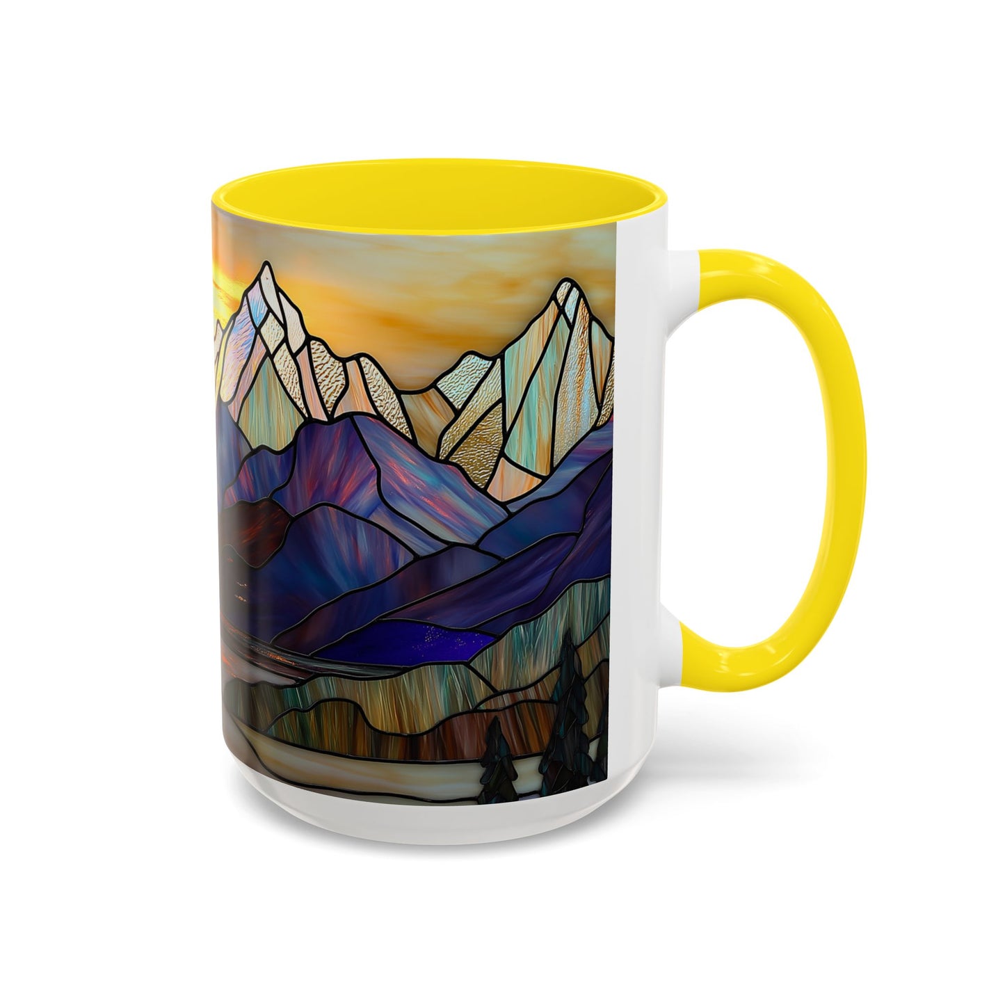 Stained Glass Mountain Coffee Mug - Vibrant Watercolor Mountain Sunset, 11oz & 15oz Ceramic Mug, Perfect gifts ideas, Outdoor Adventure