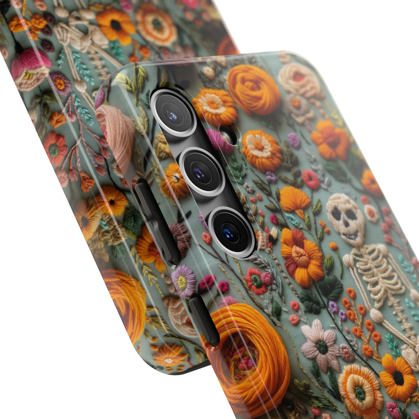 Vintage Skeletons in Bloom Phone Case | Embroidered Look Floral Charm Phone Cover | Halloween Cottagecore | iPhone | Pixel | Samsung