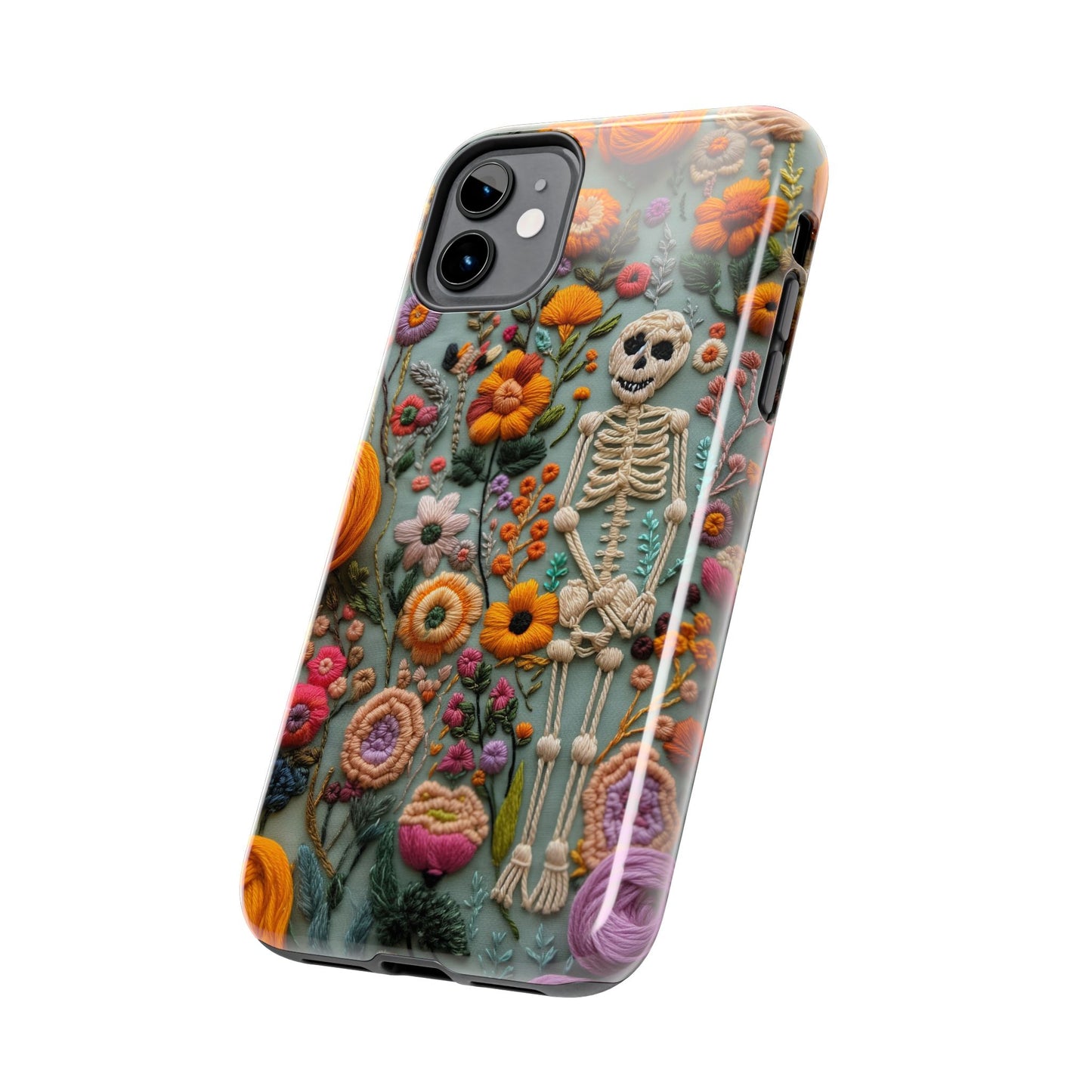 Vintage Skeletons in Bloom Phone Case | Embroidered Look Floral Charm Phone Cover | Halloween Cottagecore | iPhone | Pixel | Samsung