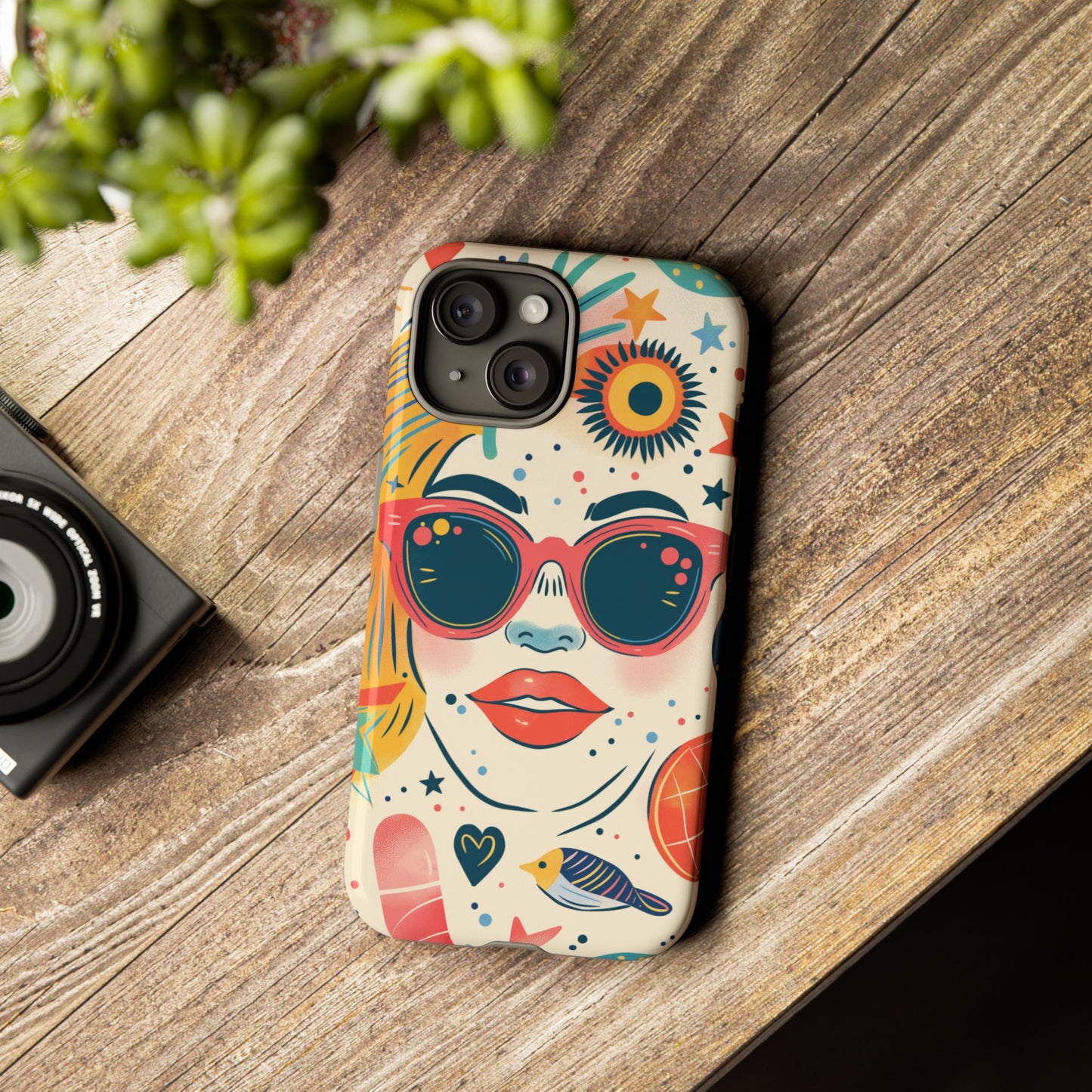 Retro Pop Boho Art Phone Case – Vibrant Sunglasses Collage Design for iPhone, Samsung, Google Pixel Tough Case
