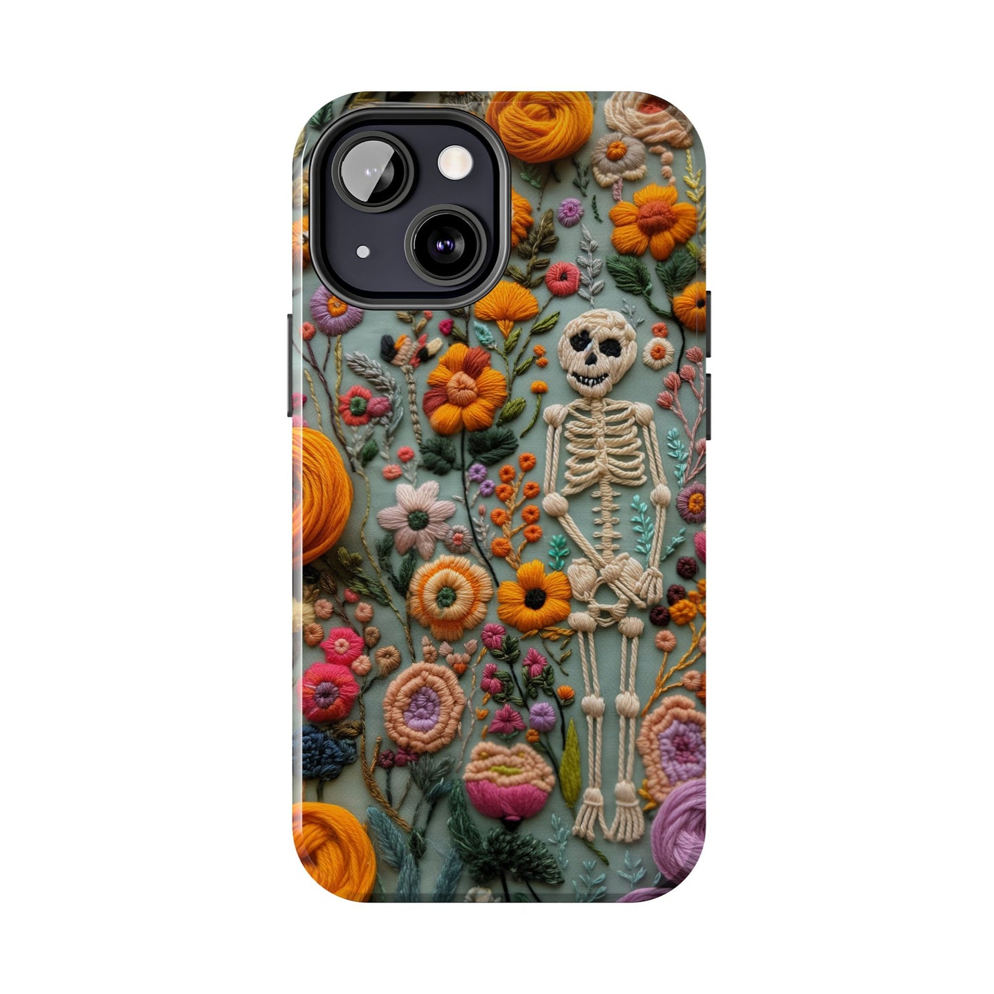 Vintage Skeletons in Bloom Phone Case | Embroidered Look Floral Charm Phone Cover | Halloween Cottagecore | iPhone | Pixel | Samsung