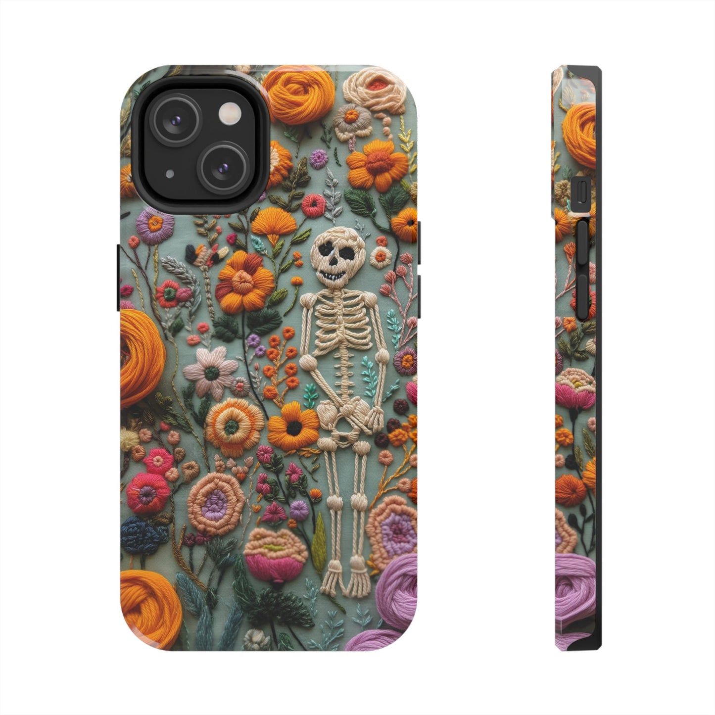 Vintage Skeletons in Bloom Phone Case | Embroidered Look Floral Charm Phone Cover | Halloween Cottagecore | iPhone | Pixel | Samsung