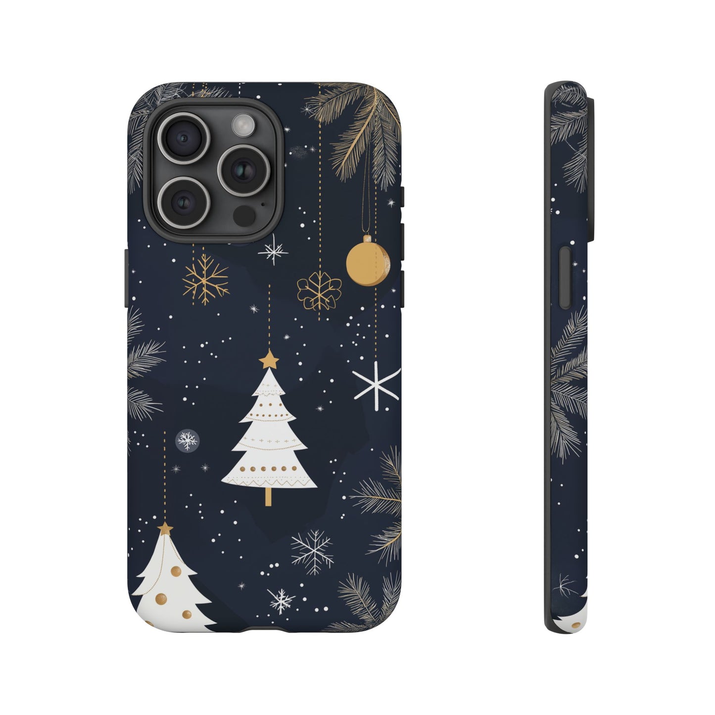 Modern Holiday Phone Case – Minimalist Christmas Trees and Gold Ornaments Design