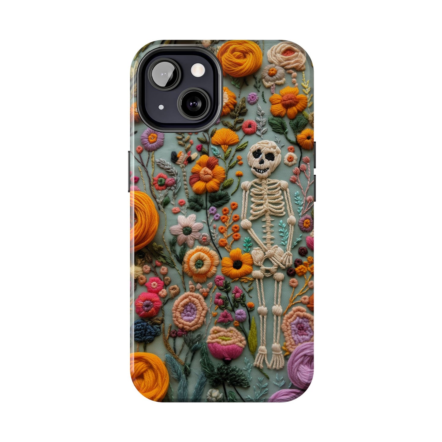 Vintage Skeletons in Bloom Phone Case | Embroidered Look Floral Charm Phone Cover | Halloween Cottagecore | iPhone | Pixel | Samsung