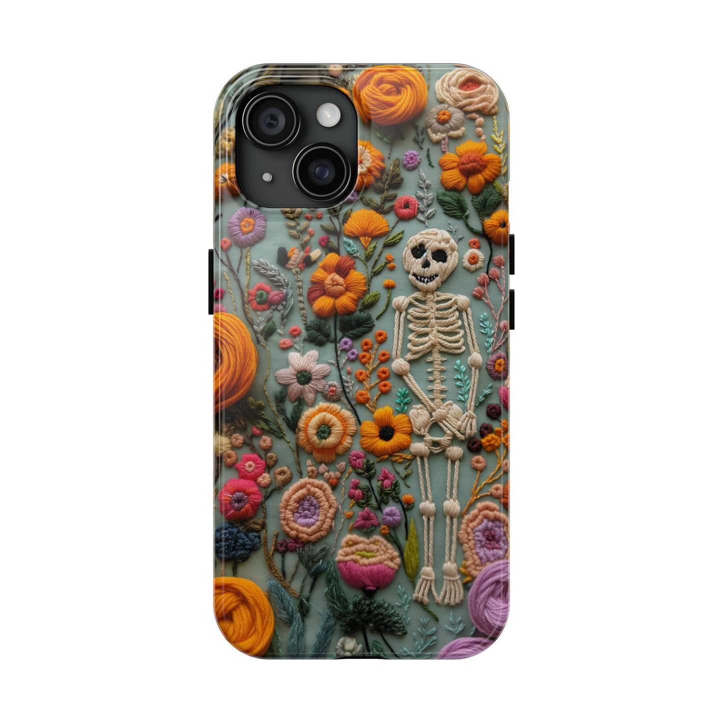Vintage Skeletons in Bloom Phone Case | Embroidered Look Floral Charm Phone Cover | Halloween Cottagecore | iPhone | Pixel | Samsung