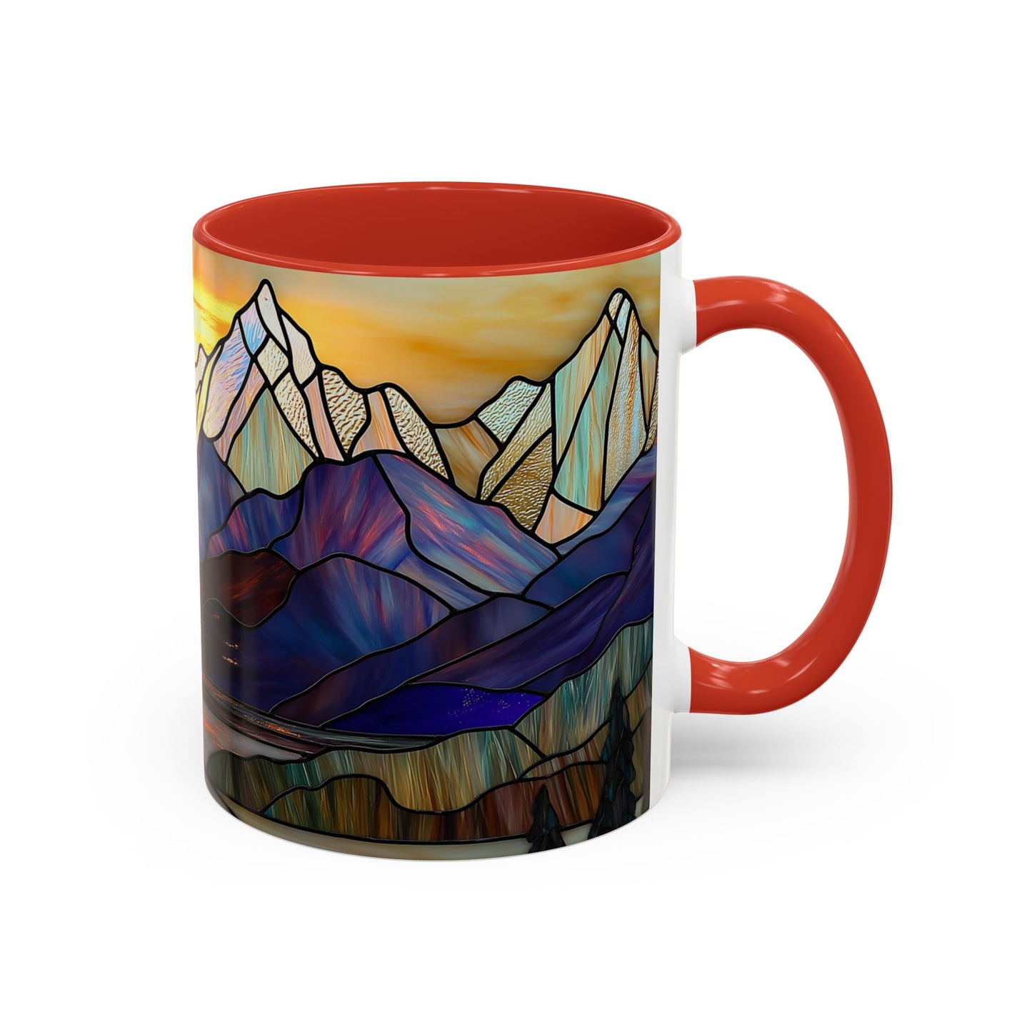 Stained Glass Mountain Coffee Mug - Vibrant Watercolor Mountain Sunset, 11oz & 15oz Ceramic Mug, Perfect gifts ideas, Outdoor Adventure