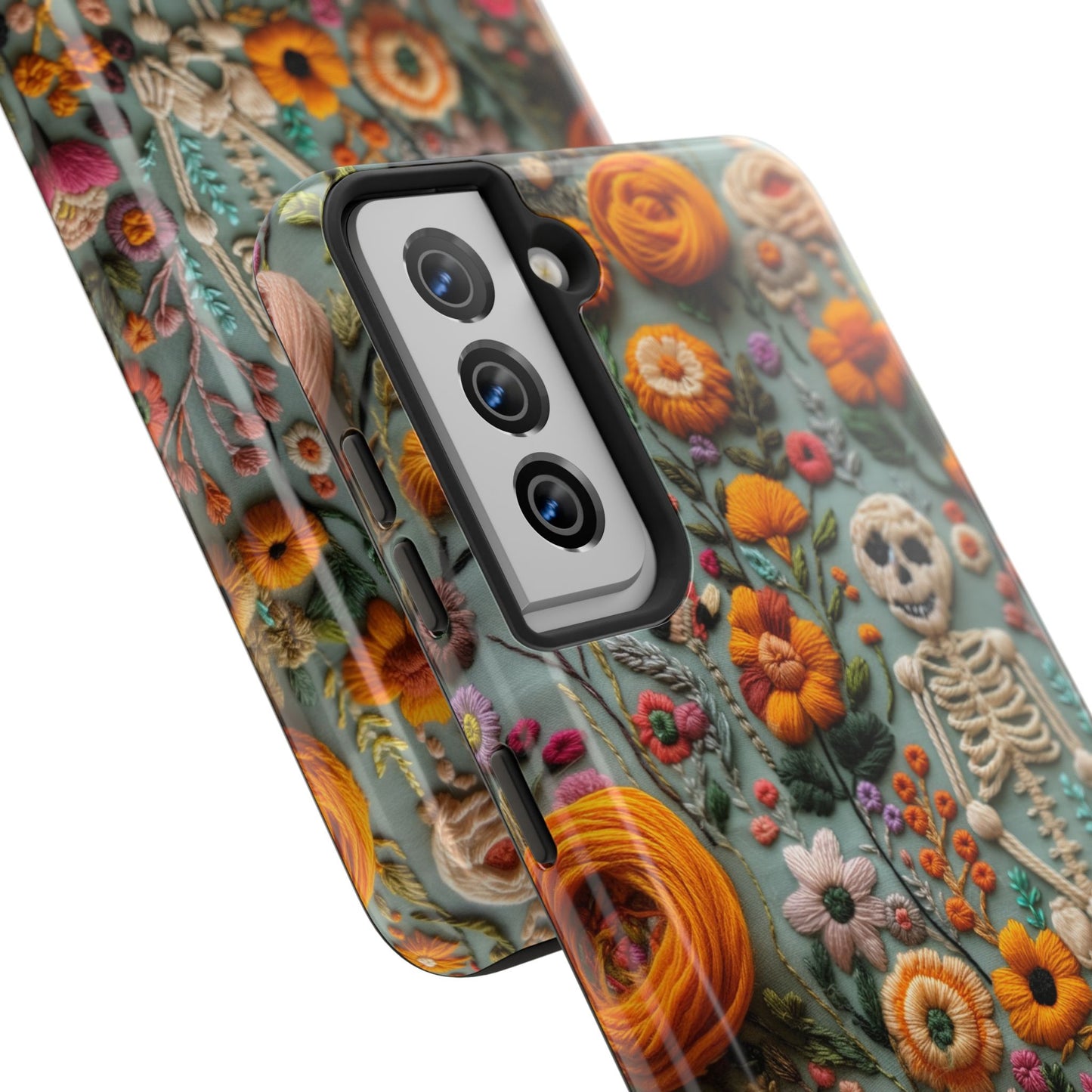 Vintage Skeletons in Bloom Phone Case | Embroidered Look Floral Charm Phone Cover | Halloween Cottagecore | iPhone | Pixel | Samsung