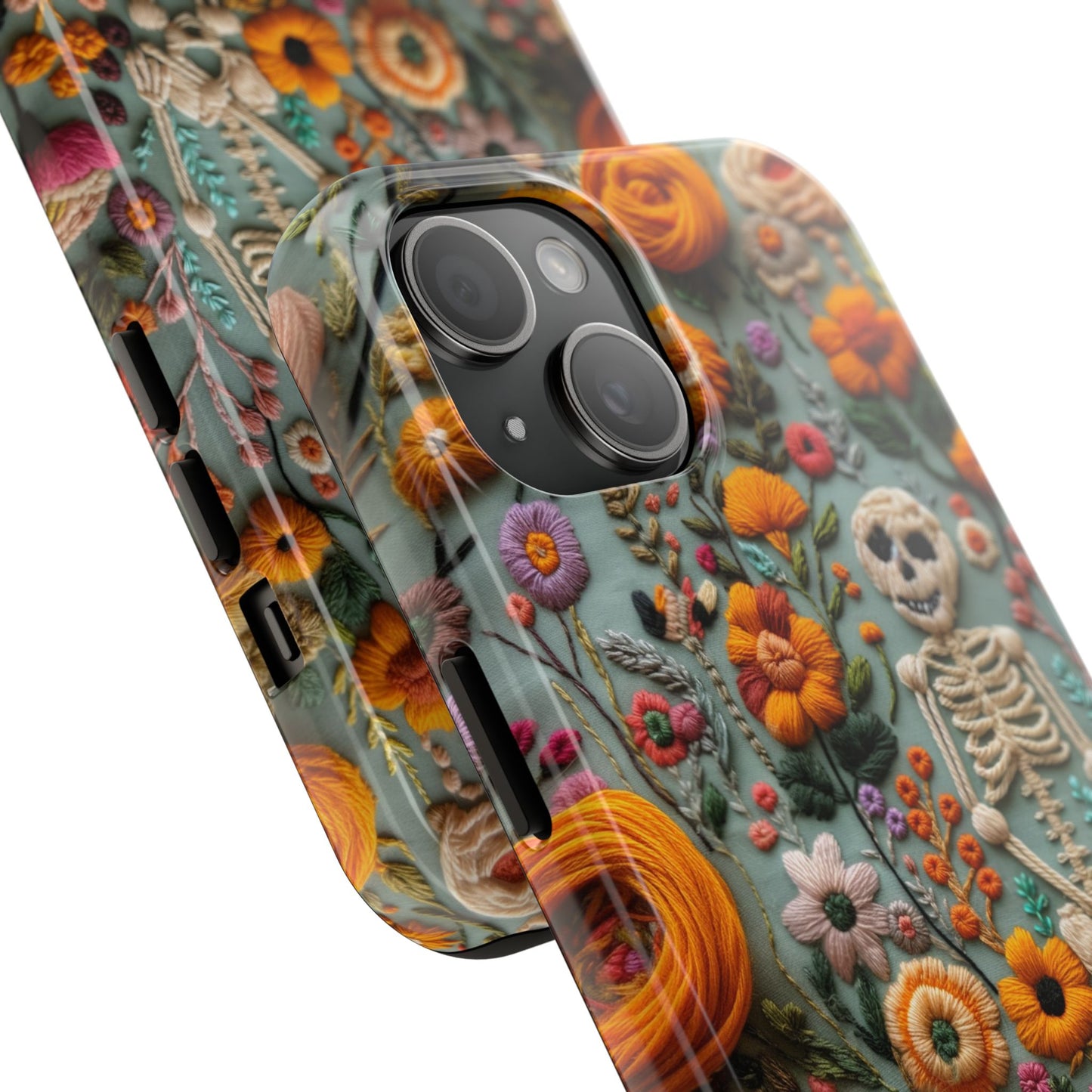 Vintage Skeletons in Bloom Phone Case | Embroidered Look Floral Charm Phone Cover | Halloween Cottagecore | iPhone | Pixel | Samsung
