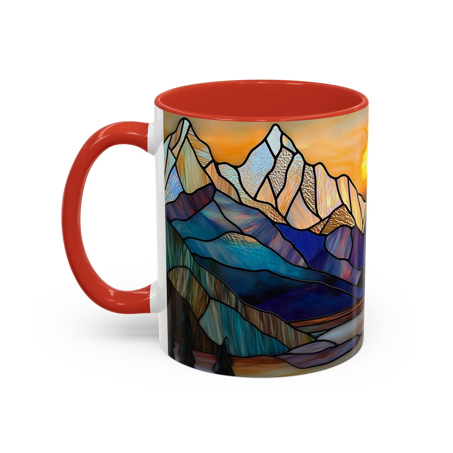 Stained Glass Mountain Coffee Mug - Vibrant Watercolor Mountain Sunset, 11oz & 15oz Ceramic Mug, Perfect gifts ideas, Outdoor Adventure