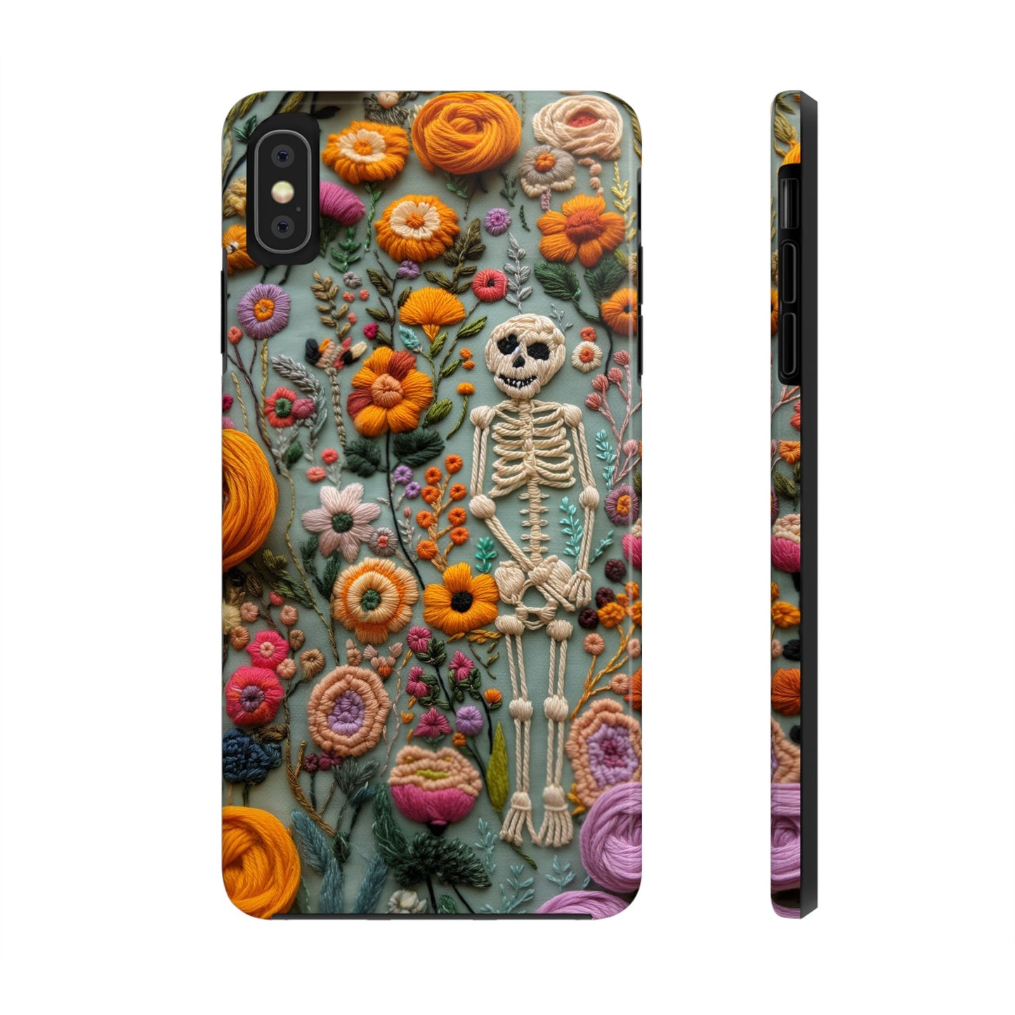 Vintage Skeletons in Bloom Phone Case | Embroidered Look Floral Charm Phone Cover | Halloween Cottagecore | iPhone | Pixel | Samsung
