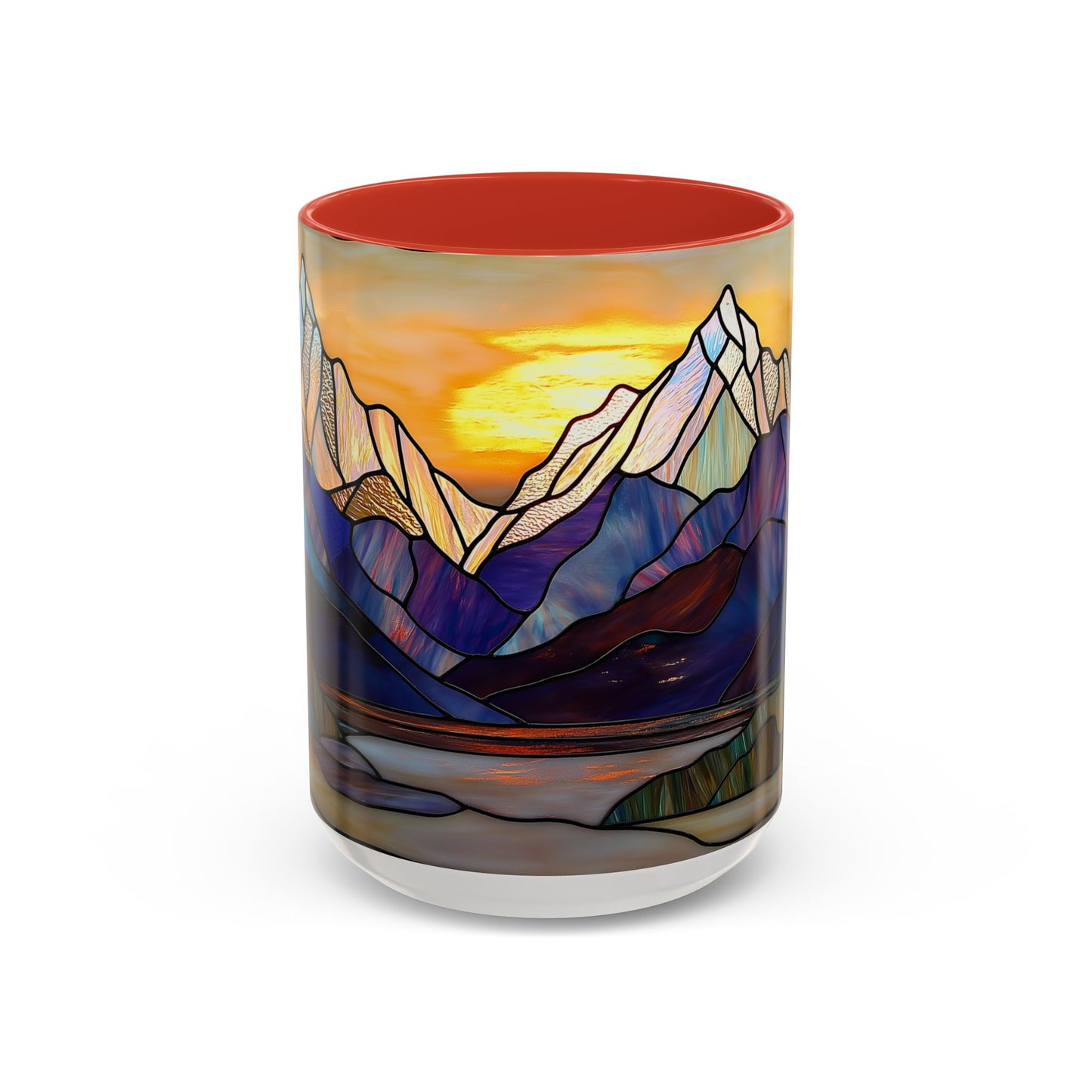Stained Glass Mountain Coffee Mug - Vibrant Watercolor Mountain Sunset, 11oz & 15oz Ceramic Mug, Perfect gifts ideas, Outdoor Adventure