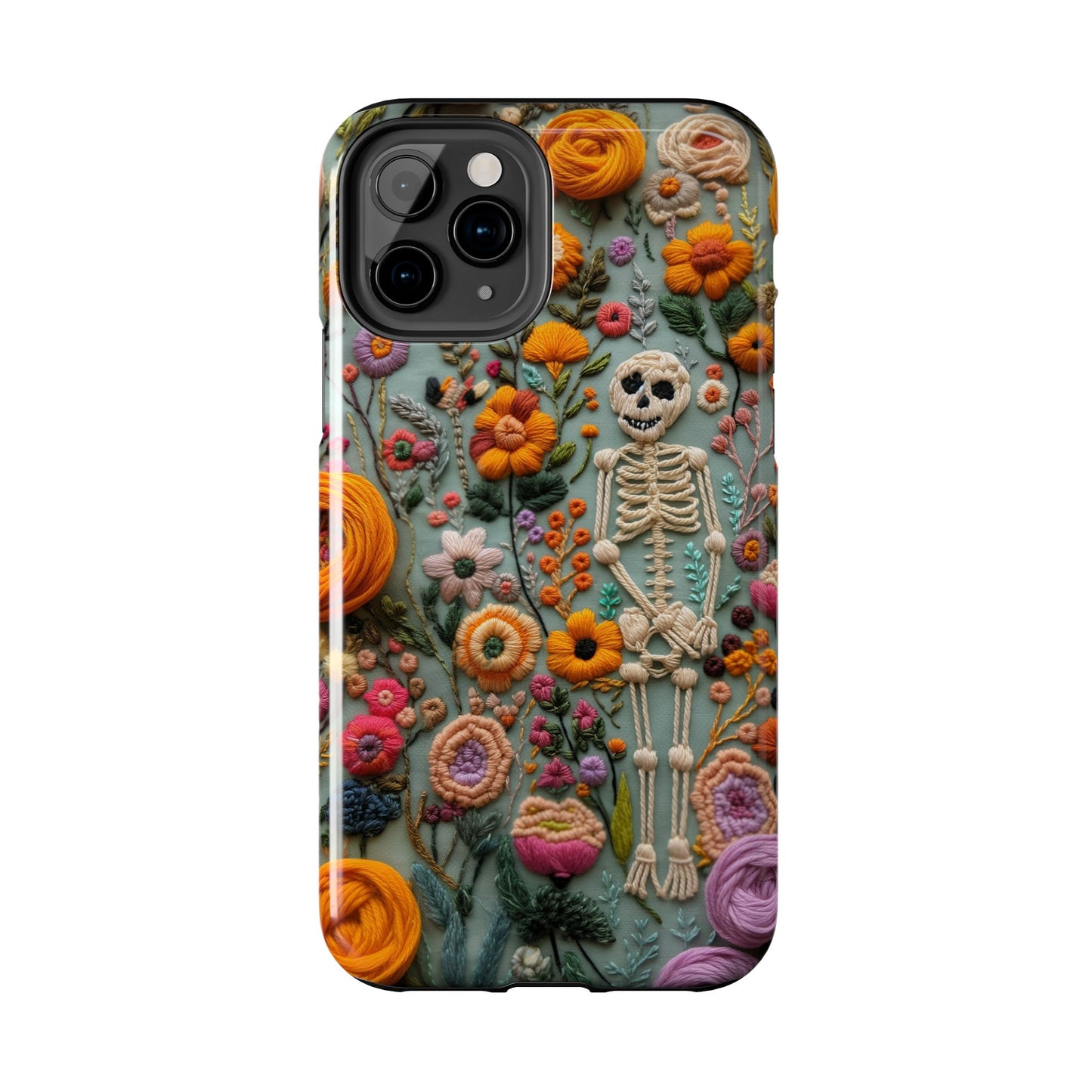 Vintage Skeletons in Bloom Phone Case | Embroidered Look Floral Charm Phone Cover | Halloween Cottagecore | iPhone | Pixel | Samsung
