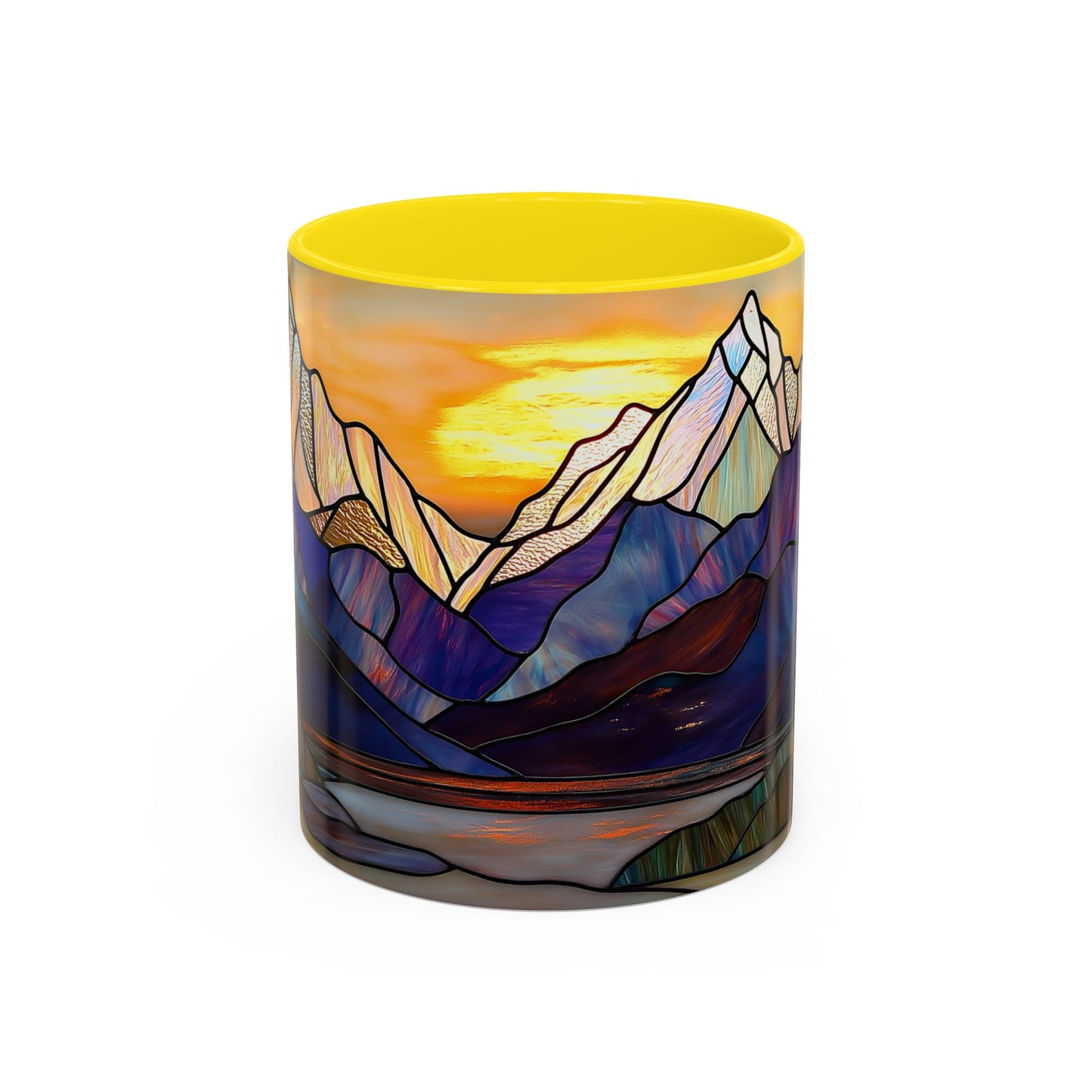 Stained Glass Mountain Coffee Mug - Vibrant Watercolor Mountain Sunset, 11oz & 15oz Ceramic Mug, Perfect gifts ideas, Outdoor Adventure