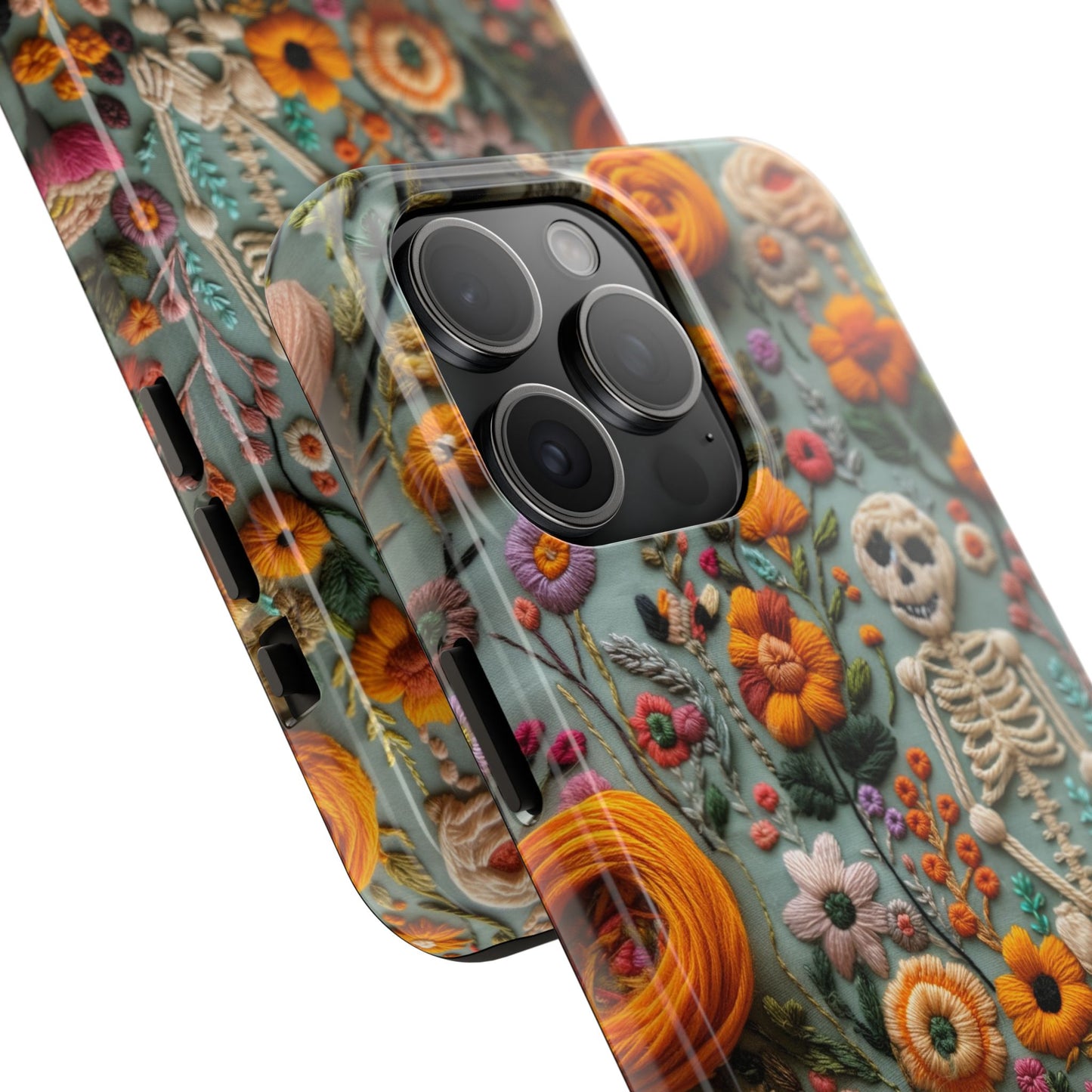 Vintage Skeletons in Bloom Phone Case | Embroidered Look Floral Charm Phone Cover | Halloween Cottagecore | iPhone | Pixel | Samsung