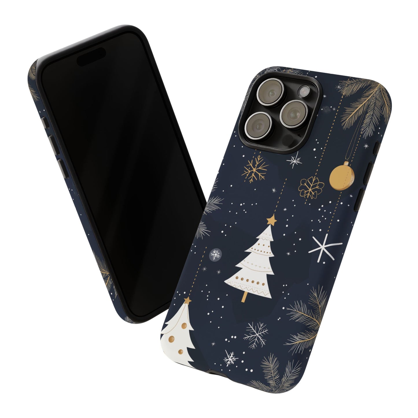 Modern Holiday Phone Case – Minimalist Christmas Trees and Gold Ornaments Design