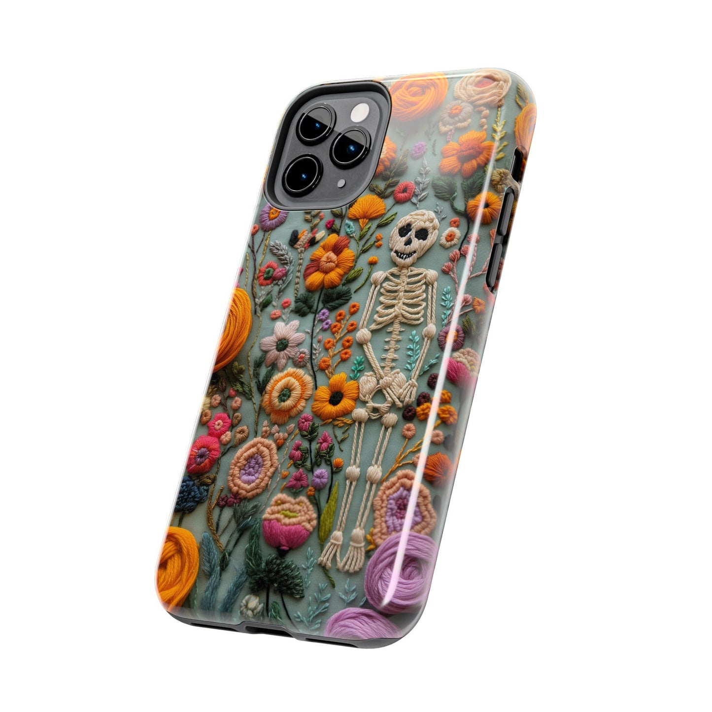Vintage Skeletons in Bloom Phone Case | Embroidered Look Floral Charm Phone Cover | Halloween Cottagecore | iPhone | Pixel | Samsung