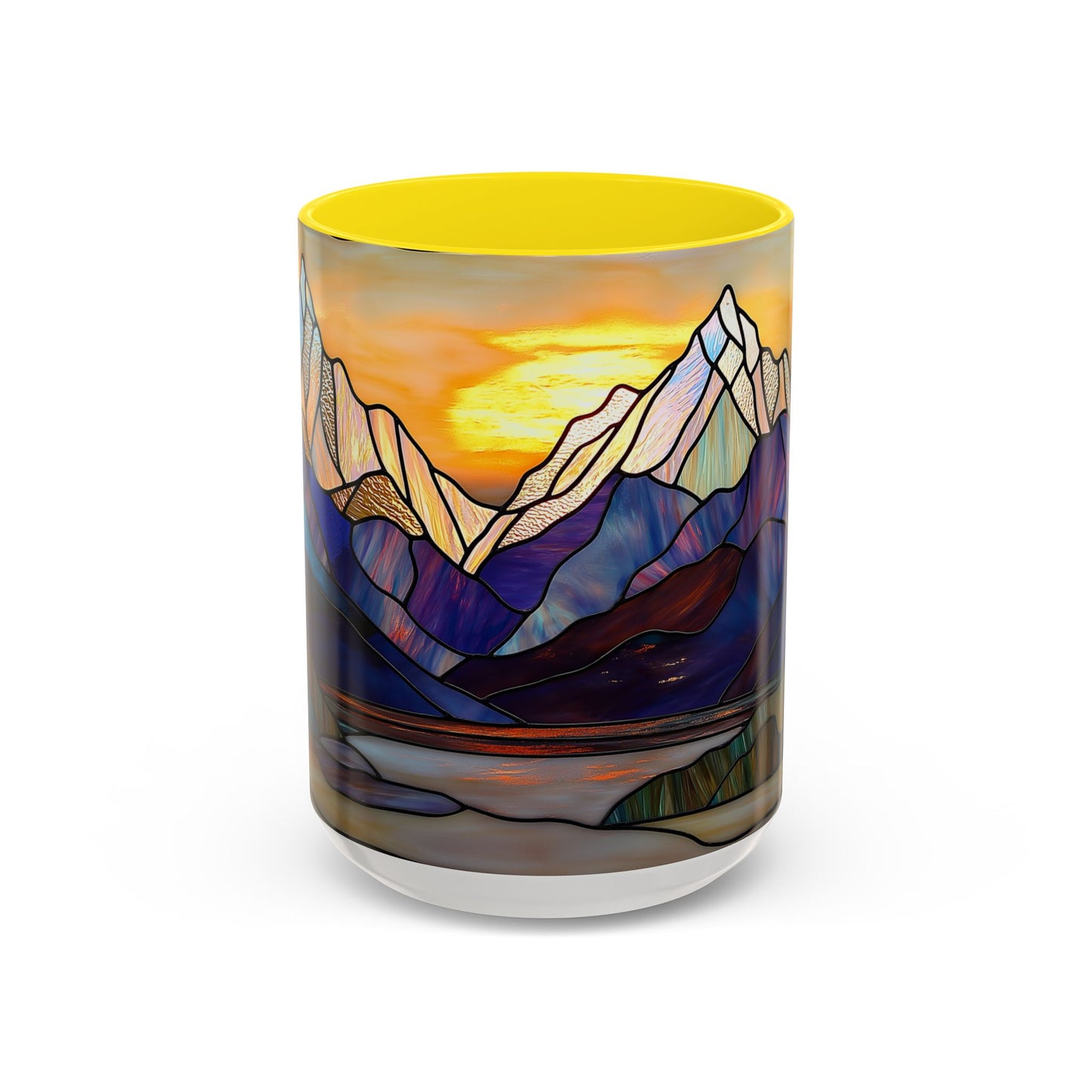 Stained Glass Mountain Coffee Mug - Vibrant Watercolor Mountain Sunset, 11oz & 15oz Ceramic Mug, Perfect gifts ideas, Outdoor Adventure
