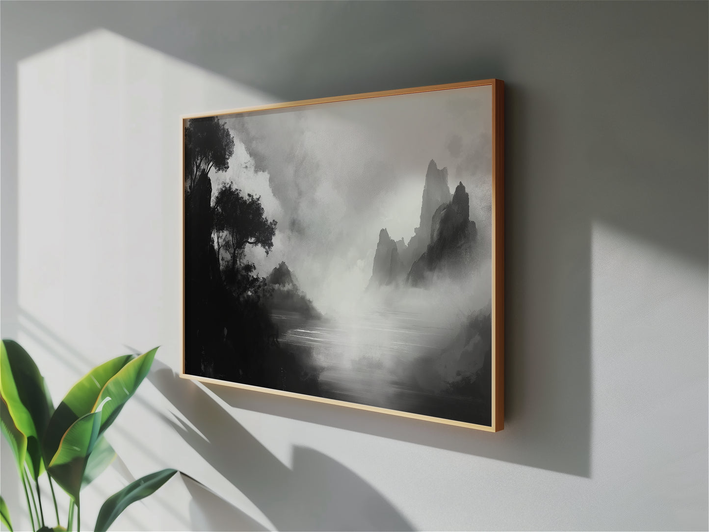 Minimalist black and white Mountain and River Scene for Samsung Frame TV, Elegant Black & White Digital Art, Japanese style artwork